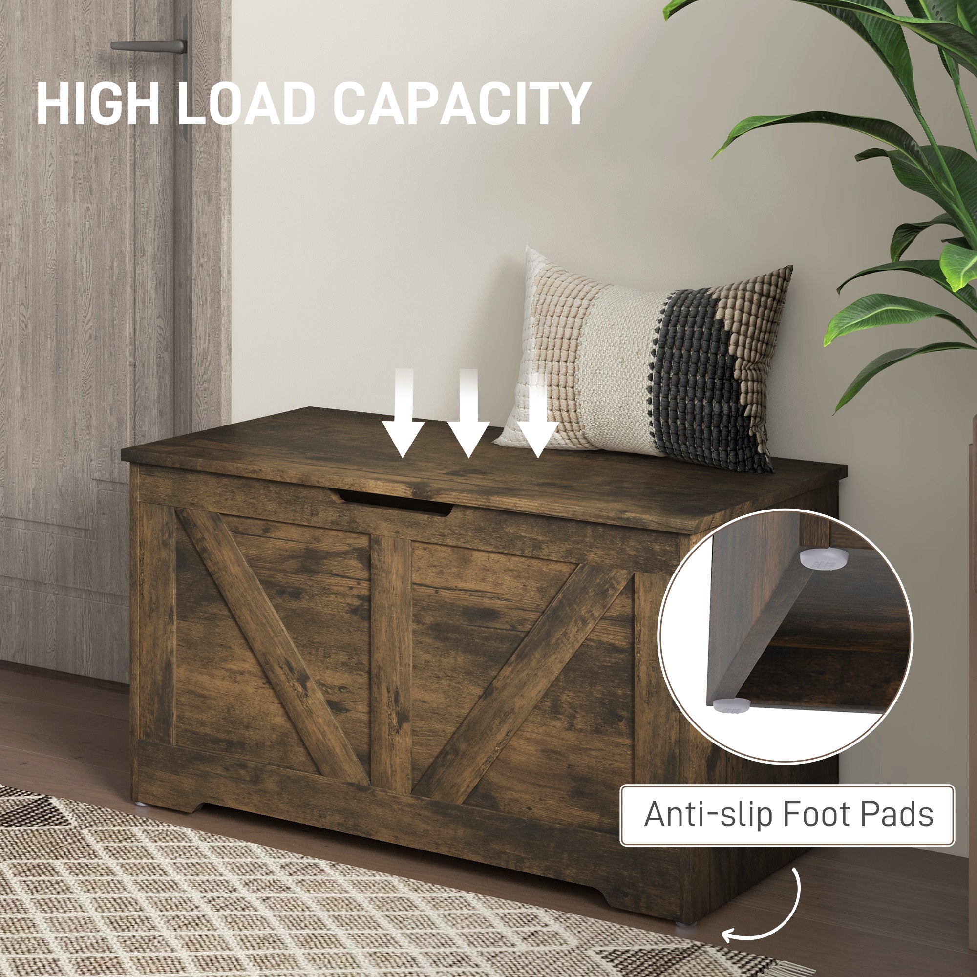 31.5 Inches Storage Chest, Storage Trunk with 2 Safety Hinges for Living Room, Brown Wood Grain