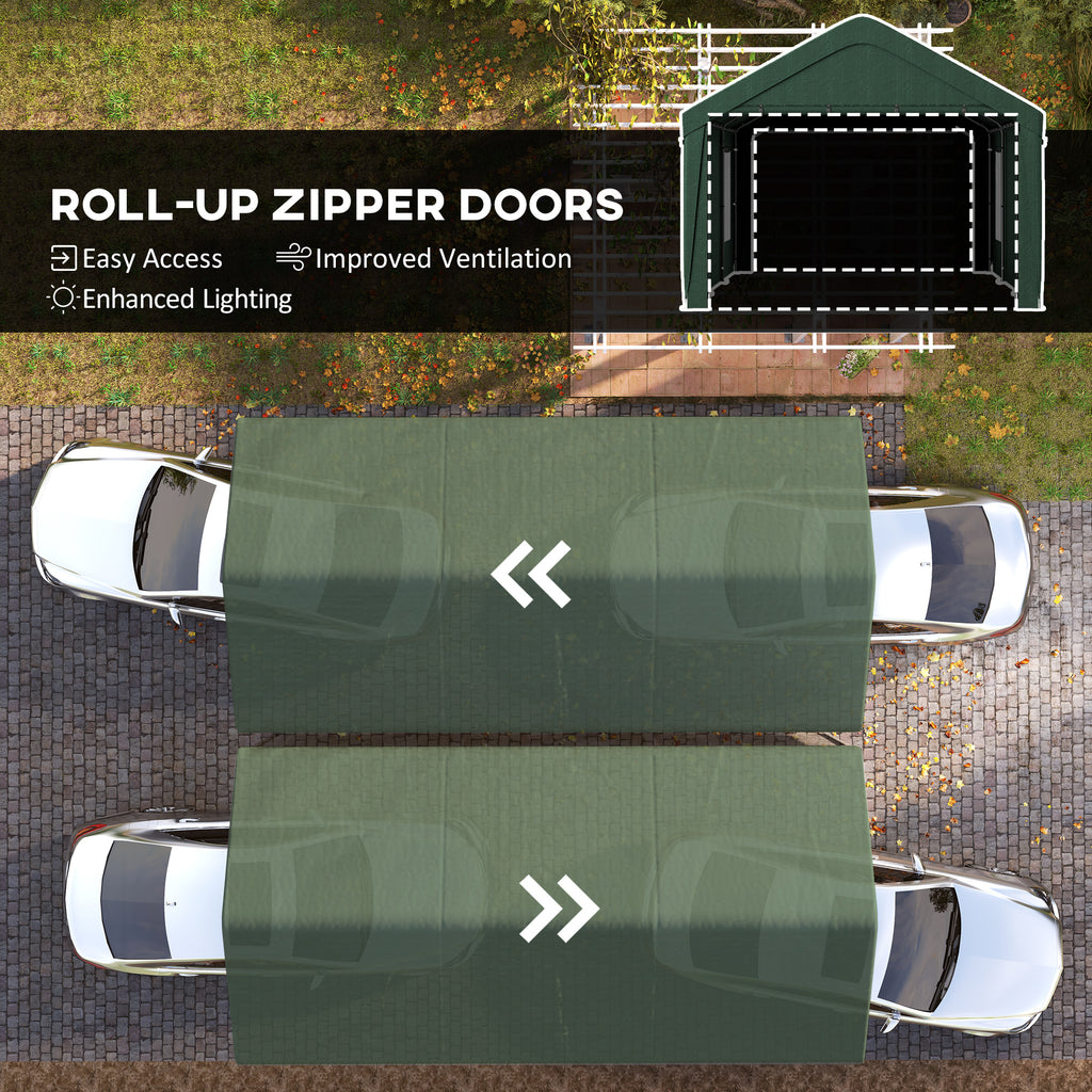 12 x 20ft Carport with 2 Roll-Up Doors, 4 Windows, Portable Garage with Removable Sidewalls for Car, Truck, Dark Green