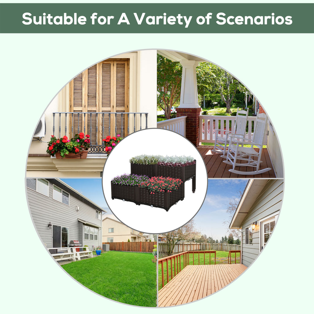 4 Piece Raised Garden Bed PP Raised Flower Bed Vegetable Herb Grow Box Stand Brown