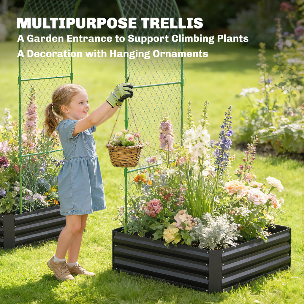 Metal Raised Garden Bed with Trellis, Galvanized Garden Bed Kit Outdoor Garden Box with Trellis, Black