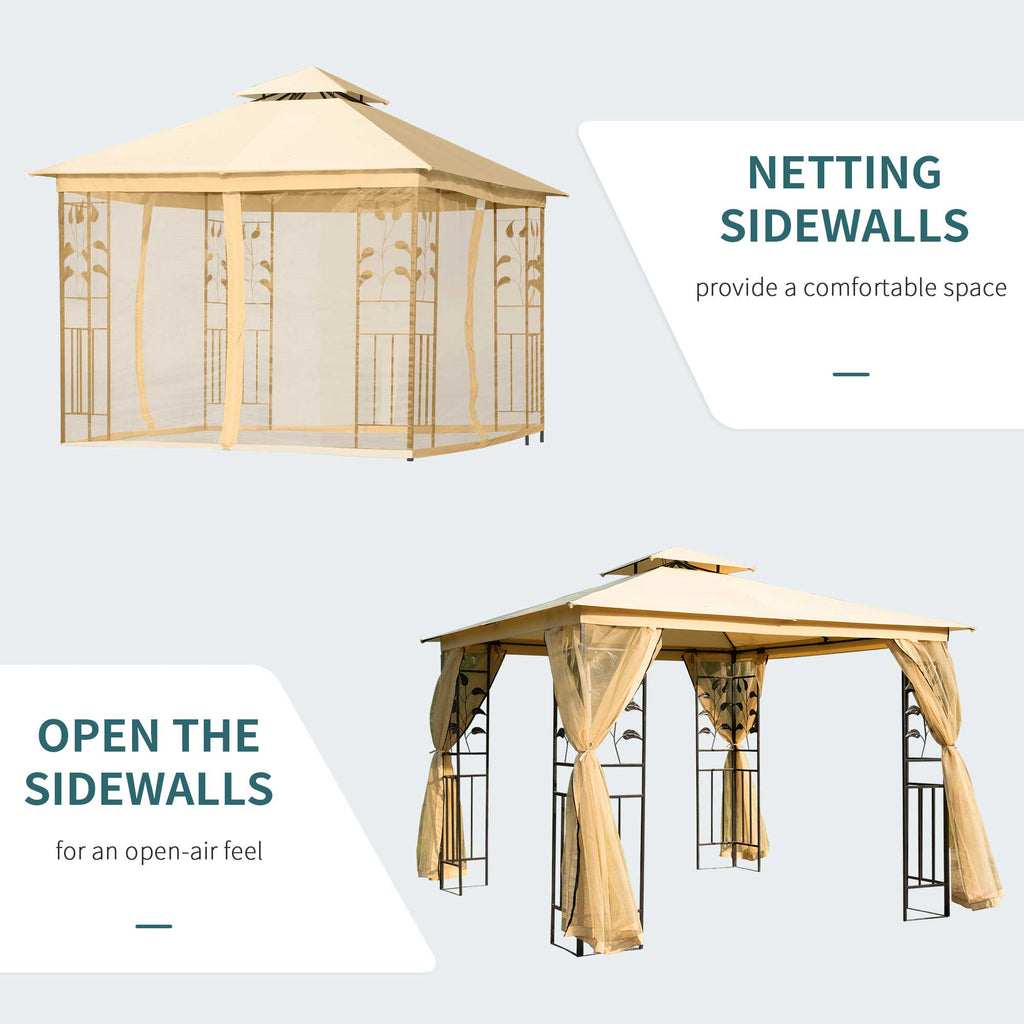 10'x10' Soft-top Steel Patio Gazebo Outdoor Sun Shelter with 2-Tier Polyester Roof, Curtain Sidewalls, Beige