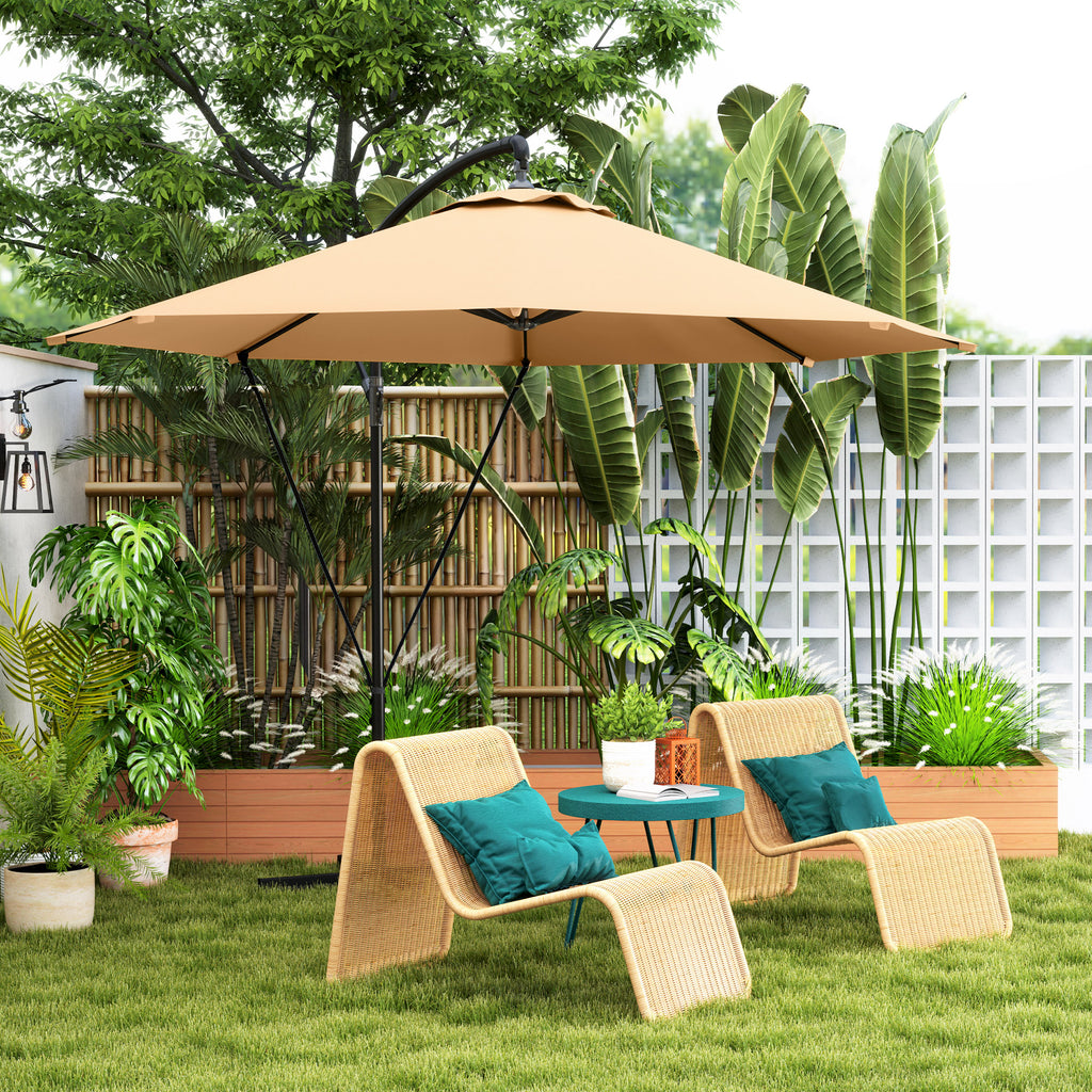 9.5' Cantilever Umbrella with Wind Protection Strap and Cover, Hanging Umbrella with Crank and Cross Base, Khaki