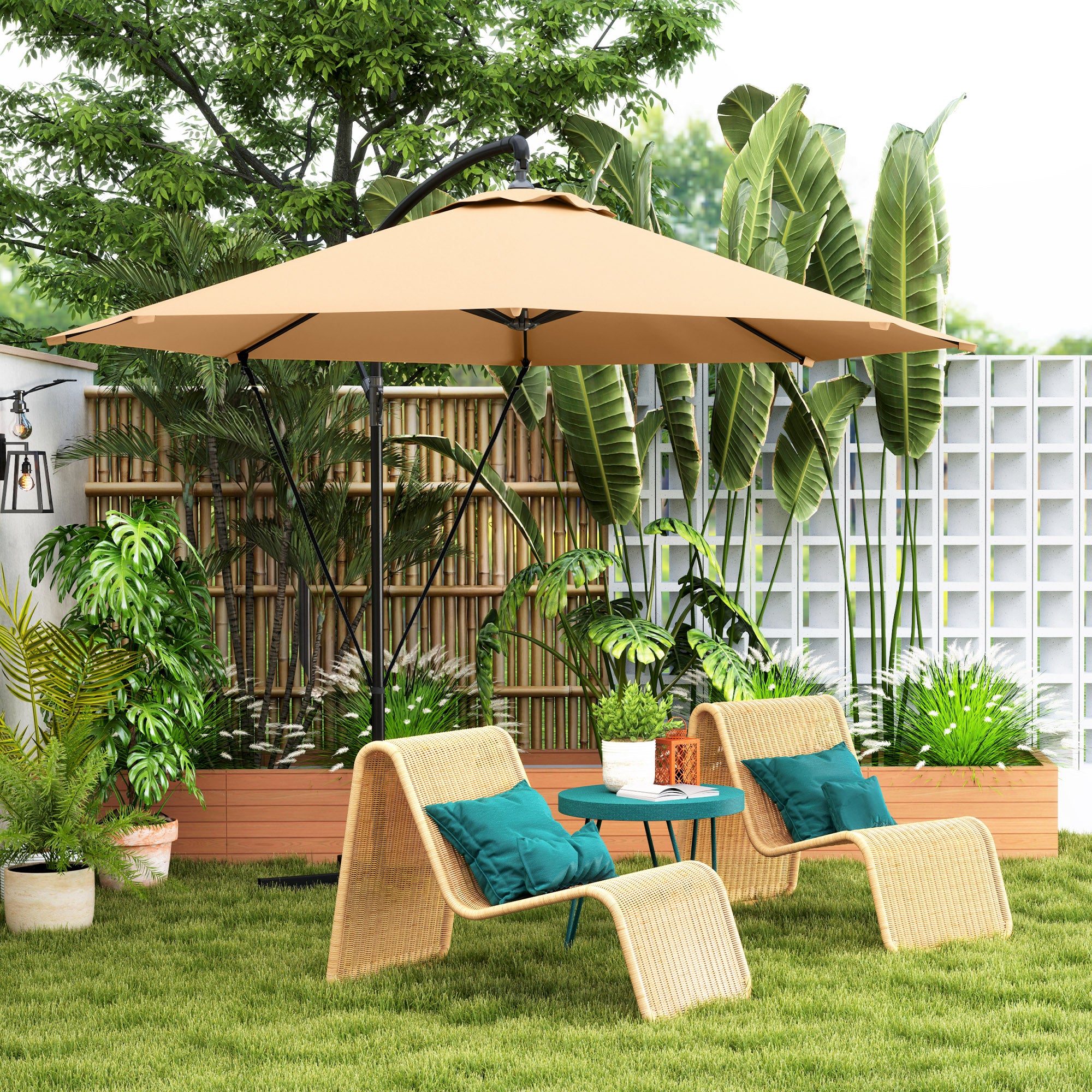 9.5' Cantilever Umbrella with Wind Protection Strap and Cover, Hanging Umbrella with Crank and Cross Base, Khaki