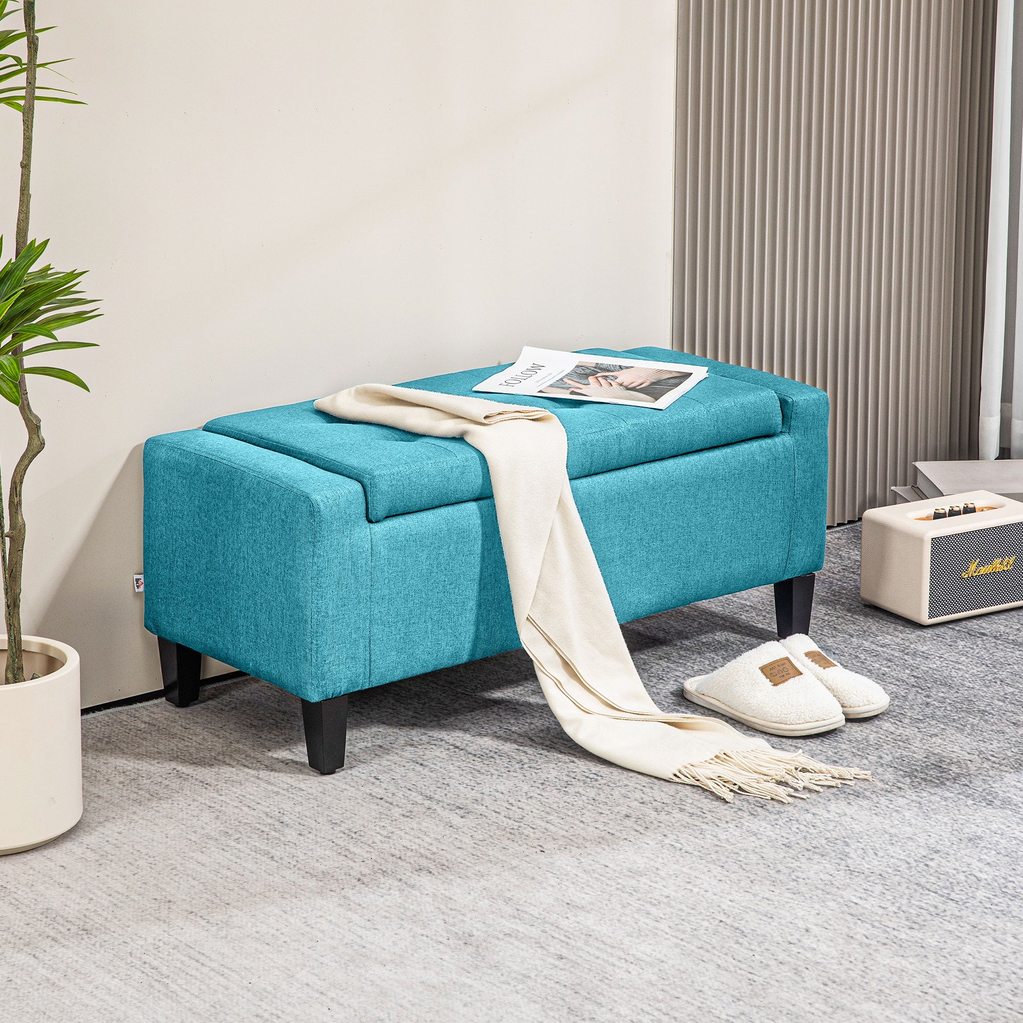 Storage Ottoman Bench, Linen Upholstered Bench with Tufted Design, Green