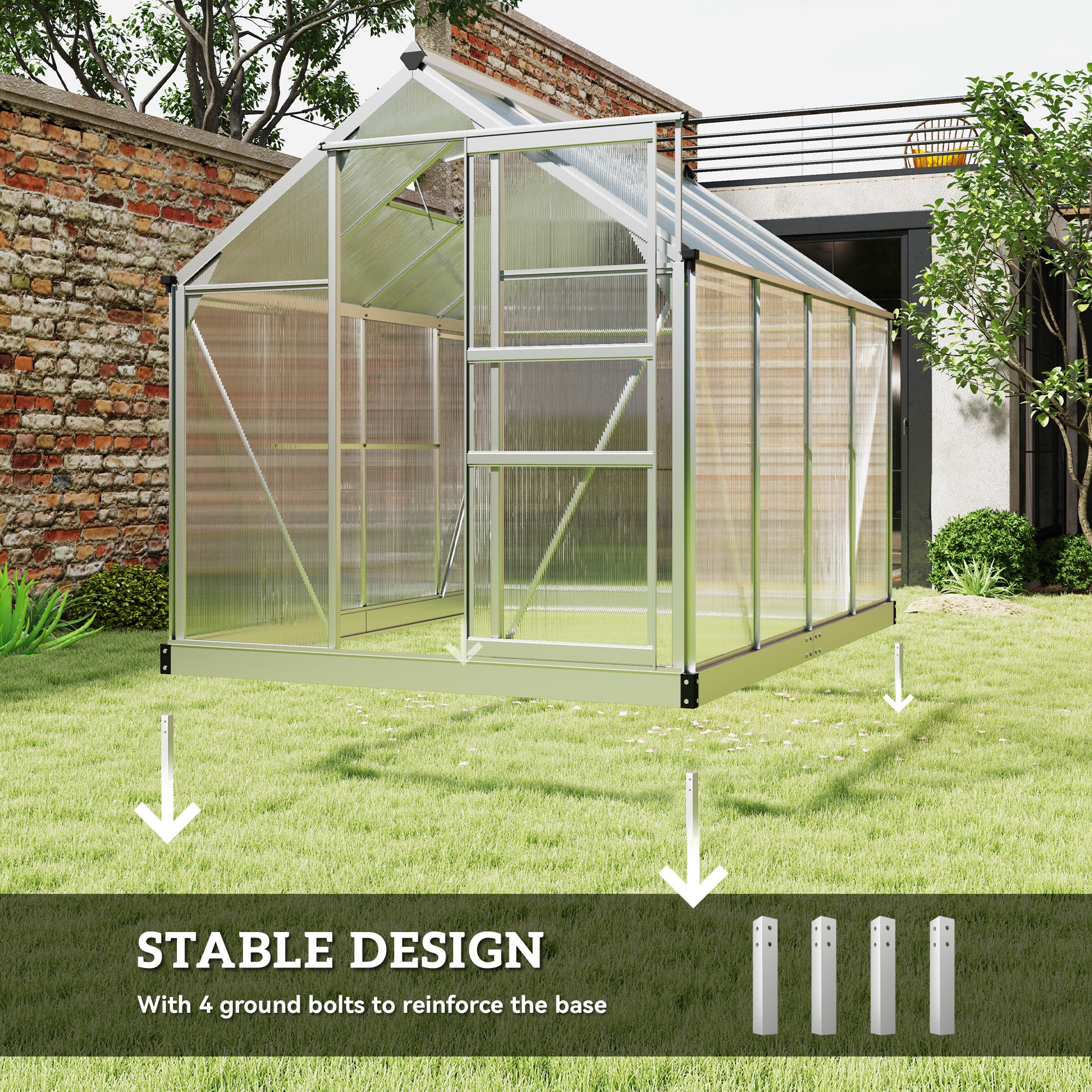6' x 8' x 6.6' Polycarbonate Greenhouse, Walk-In Green House Kit Garden, Plants Grow, Galvanized Sheet Aluminum Frame with Rain Gutter, Vent and Sliding Door, Silver