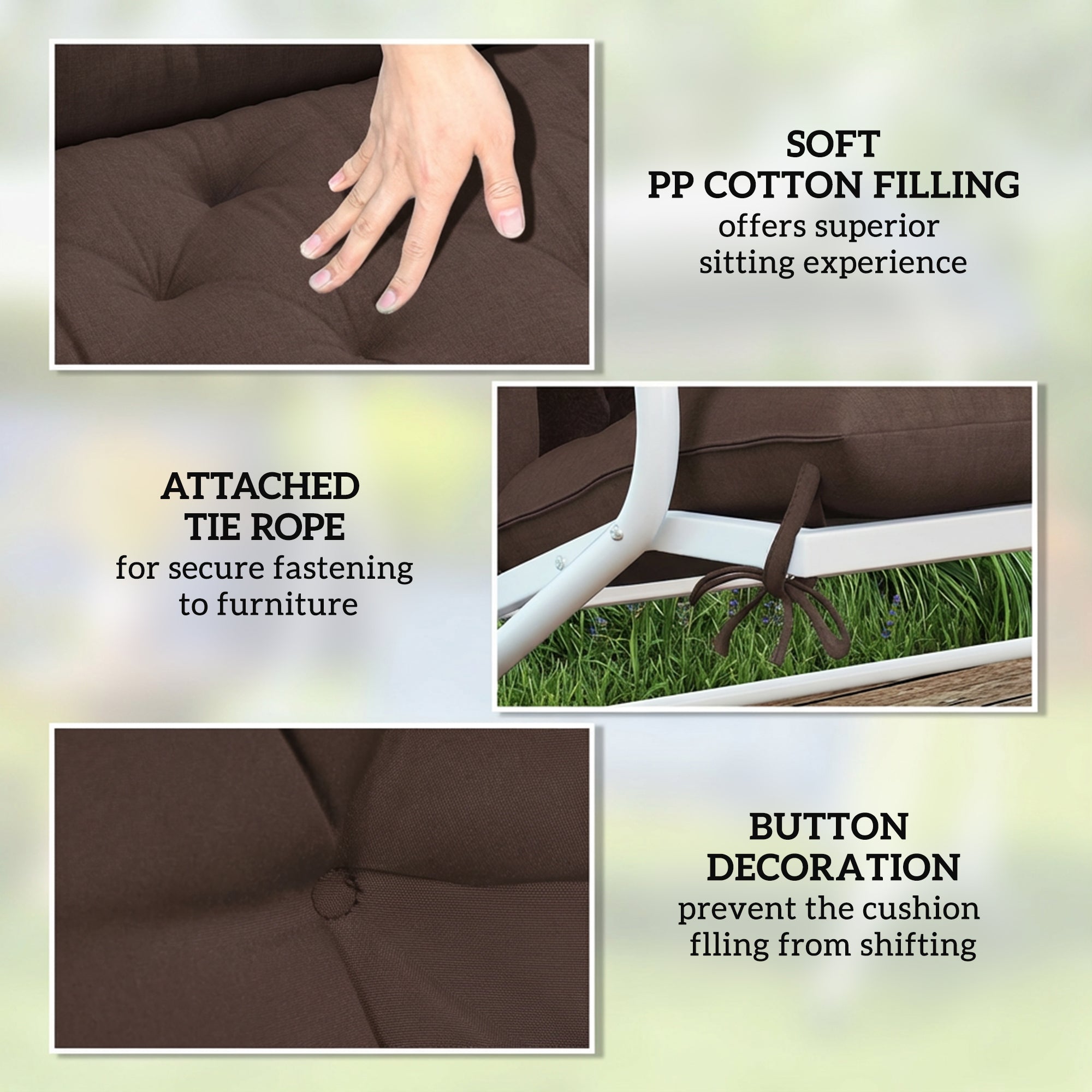 2 Seater Garden Bench Cushion, Soft Thick Outdoor Non-Slip 2 Seater Soft Pad With Backrest, 47" x 43" x 4", Coffee