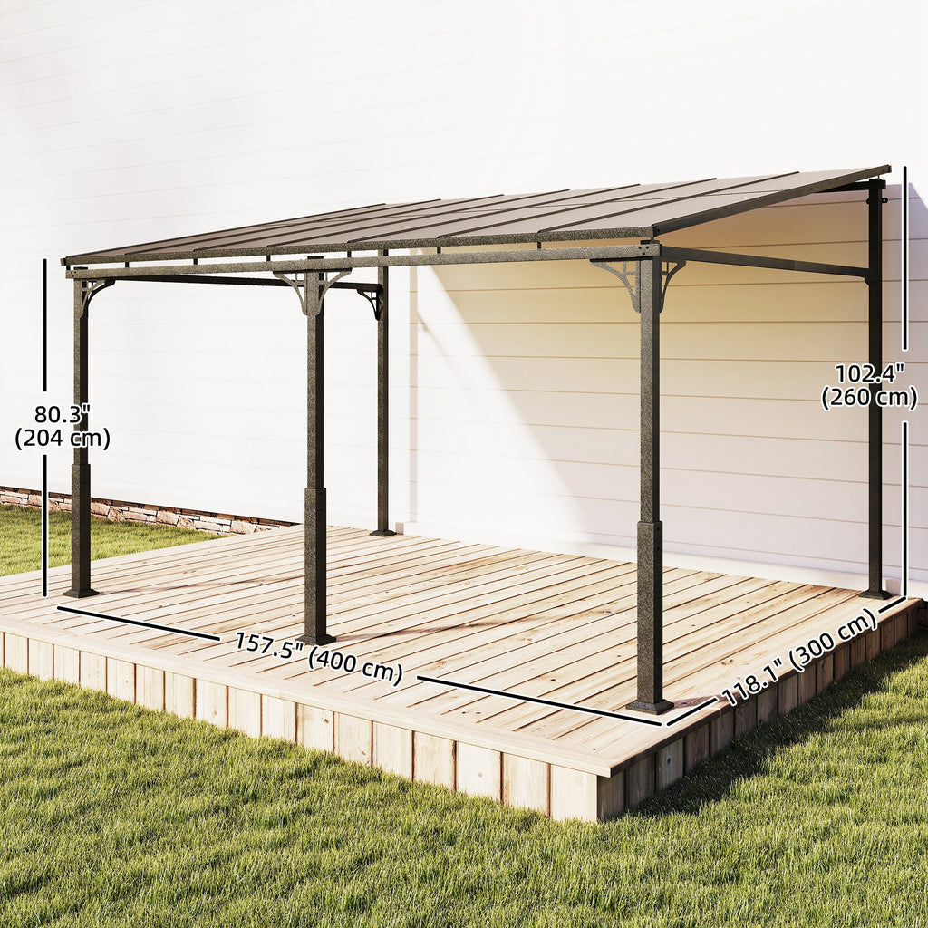 13' x 10' Lean to Gazebo, Hardtop Wall Mounted Outdoor Pergola with Polycarbonate Roof and Metal-Aluminium Frame