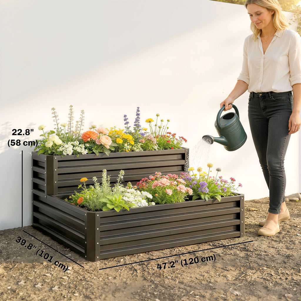 2 Tier Raised Garden Bed, 47" x 40" x 23" Galvanized Steel Planter Box for Vegetables, Flowers, and Herbs, Dark Grey