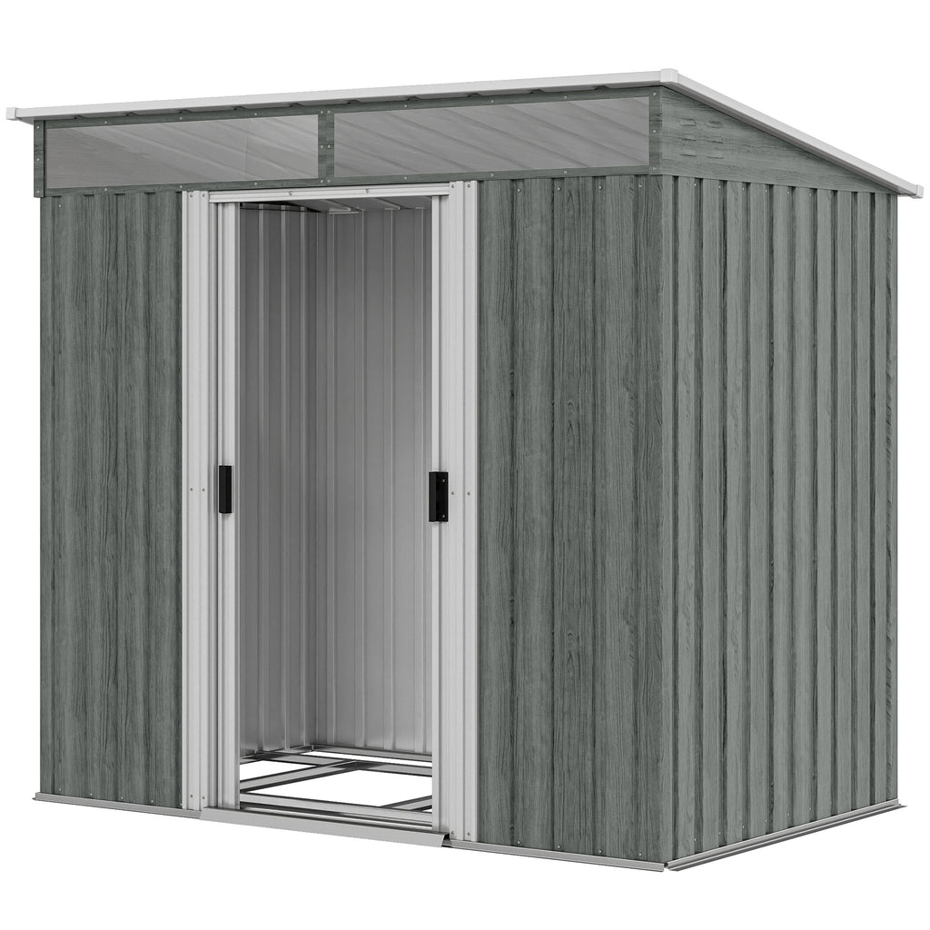 6.5x4FT Galvanised Metal Shed with Foundation Kit, Lockable Garden Tool Storage House with Sliding Doors, Vents, Grey