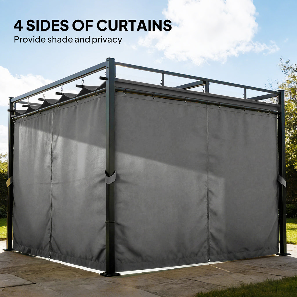 10' x 10' Outdoor Gazebo, Retractable Pergola Canopy with Curtains, UPF30+ Free Standing Metal Pergola Kit, Dark Grey