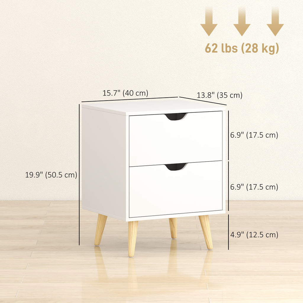 Modern Bedside Table Set of 2, Nightstand with 2 Drawers and Pine Wood Legs for Bedroom, White