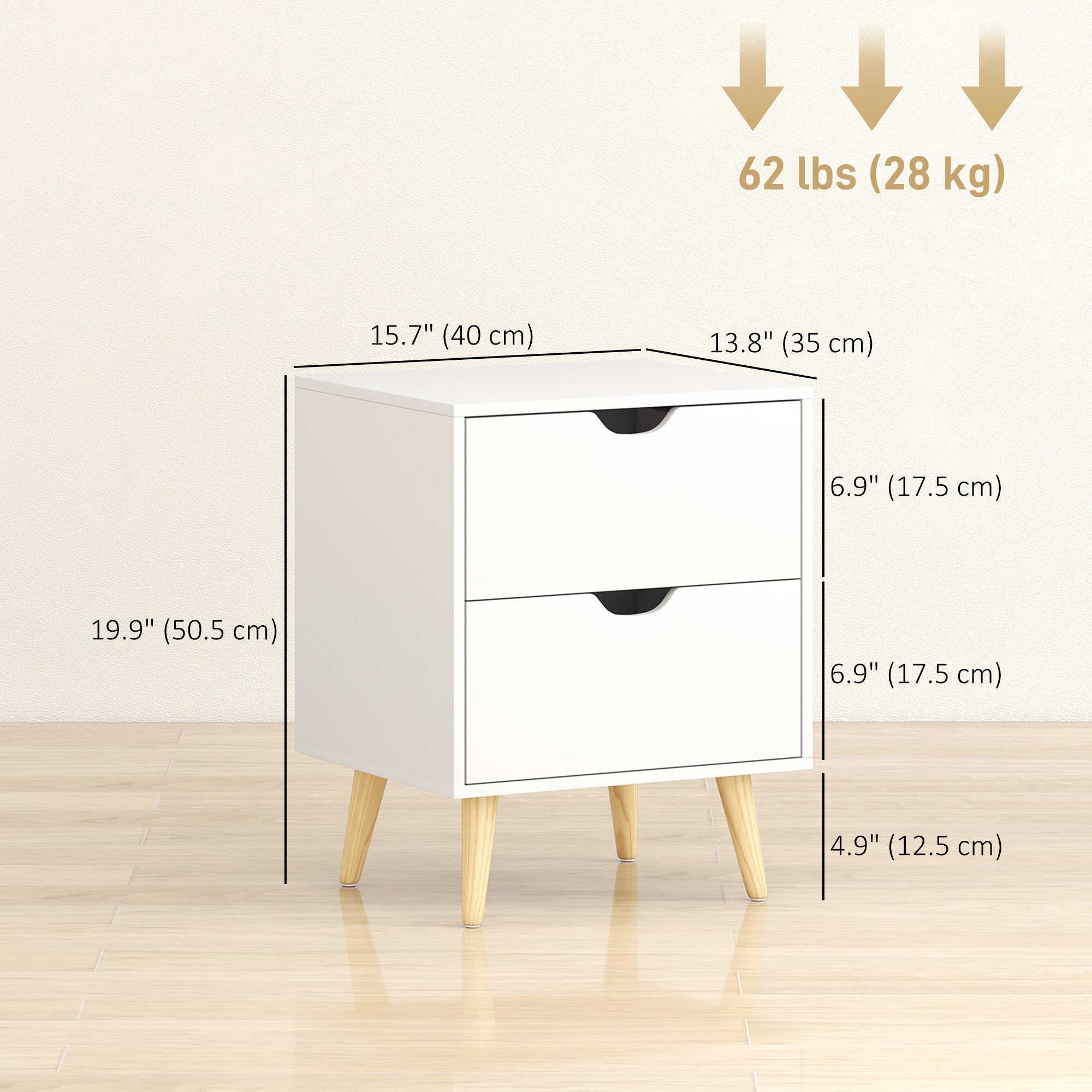 Modern Bedside Table Set of 2, Nightstand with 2 Drawers and Pine Wood Legs for Bedroom, White