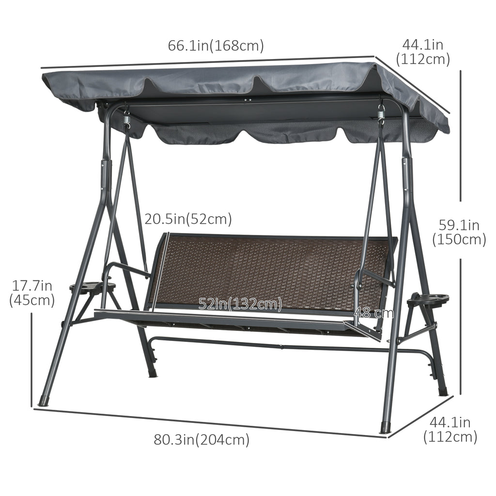 3-Seat Patio Swing Chair, Outdoor Canopy Swing Glider with Adjustable Shade, Rattan Seat and Steel Frame, for Porch, Garden, Poolside, Dark Grey
