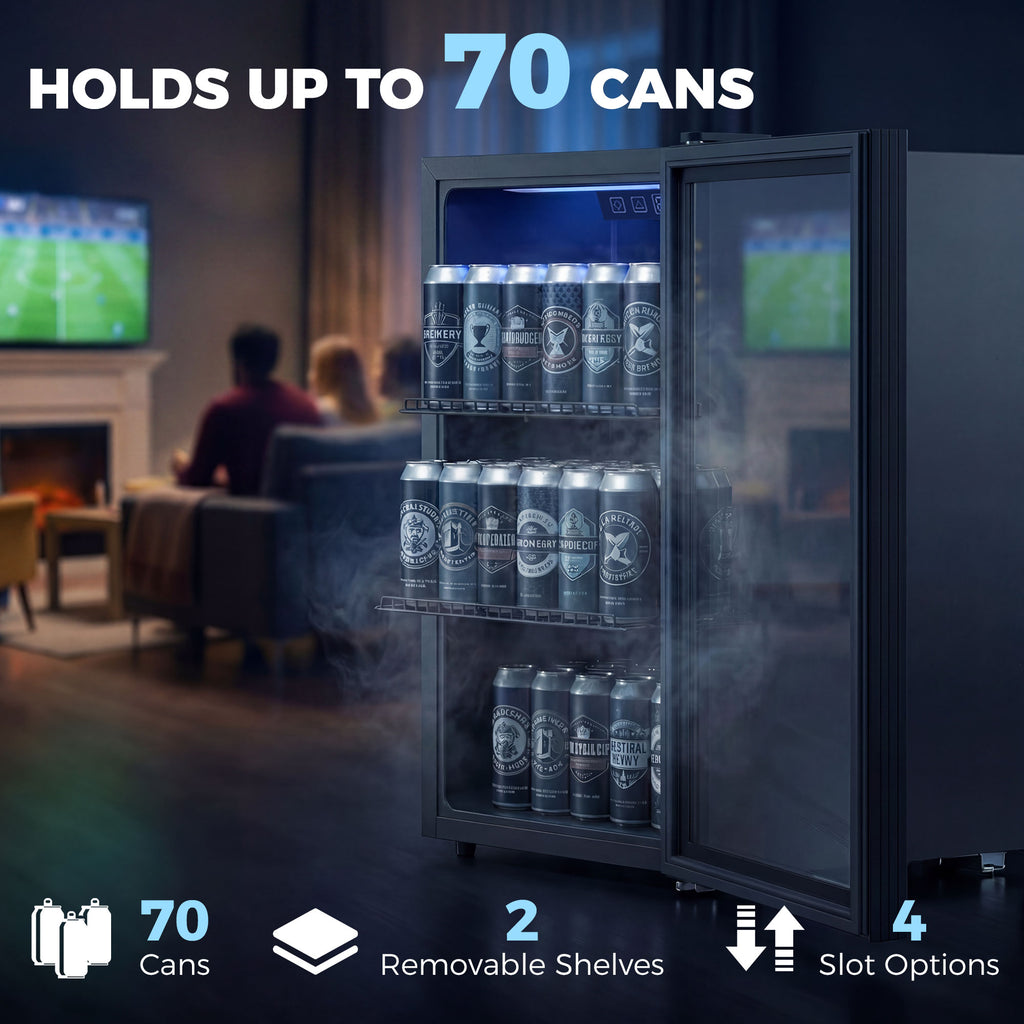 2.4 Cu.Ft Beverage Refrigerator, 70 Can Beverage Fridge Cooler with Double-Layer Glass Door