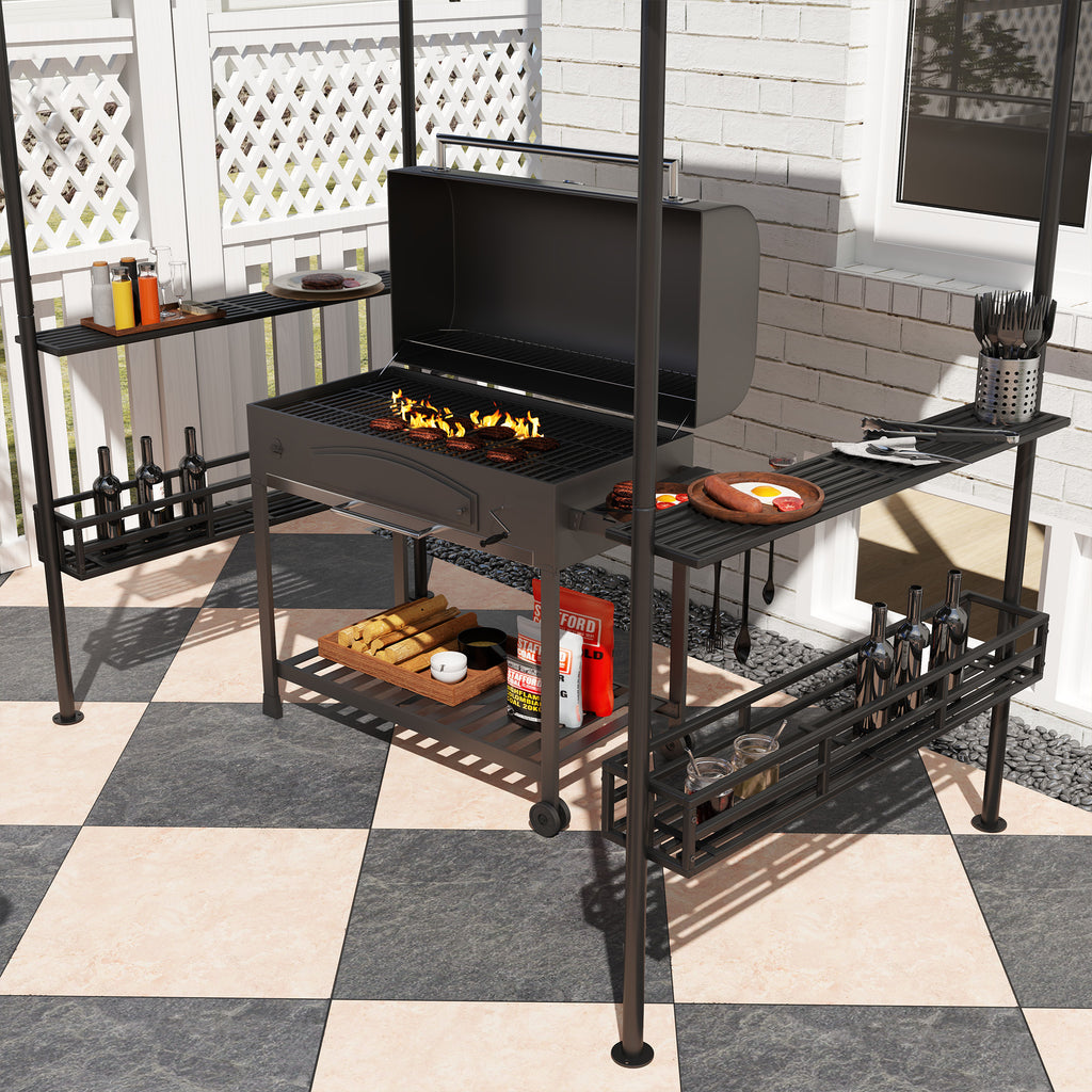 8' x 5' Barbecue Gazebo, 2-Tier BBQ Gazebo with 2 Side Shelves, Storage Basket, Hanging Hooks, Dark Grey