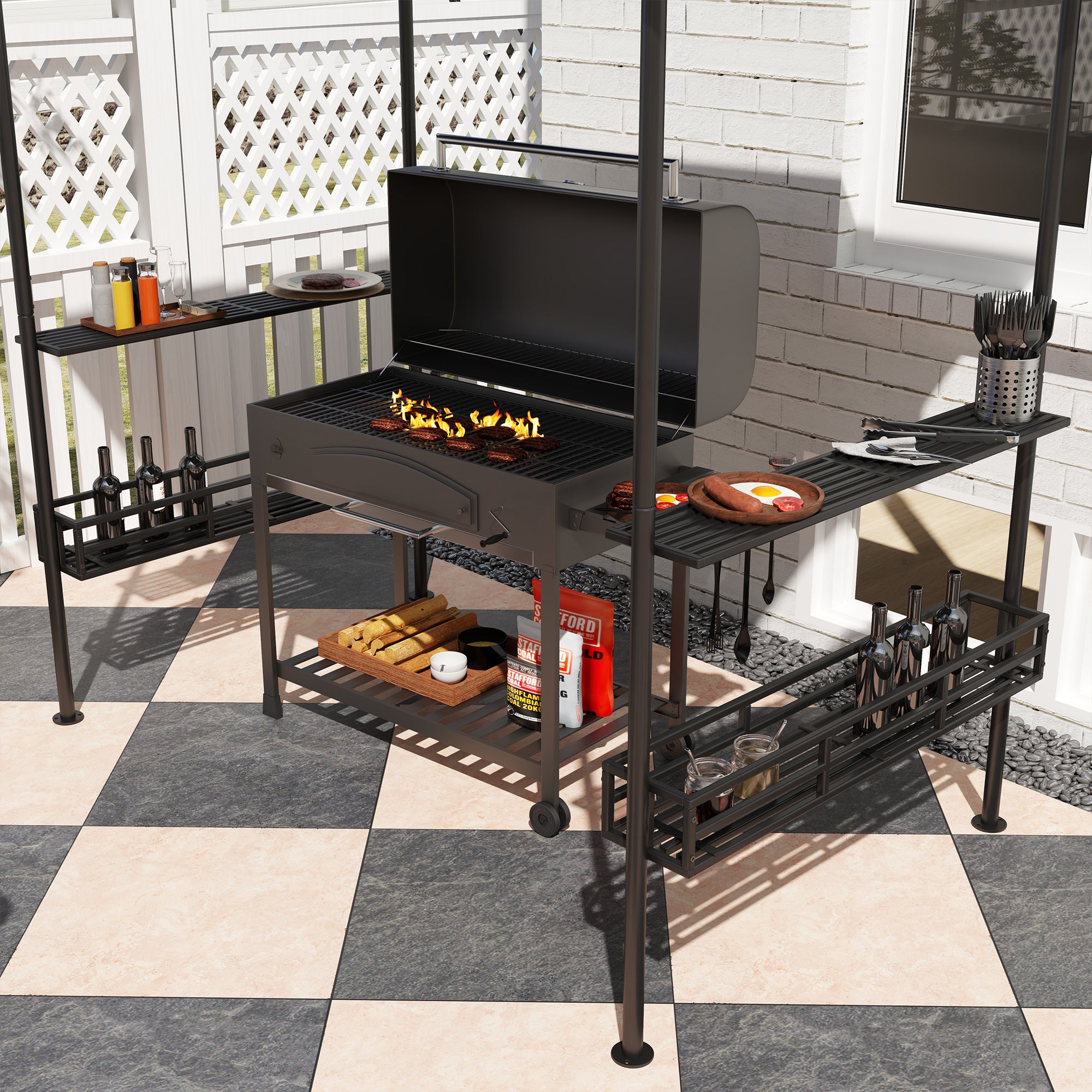 8' x 5' Barbecue Gazebo, 2-Tier BBQ Gazebo with 2 Side Shelves, Storage Basket, Hanging Hooks, Dark Grey