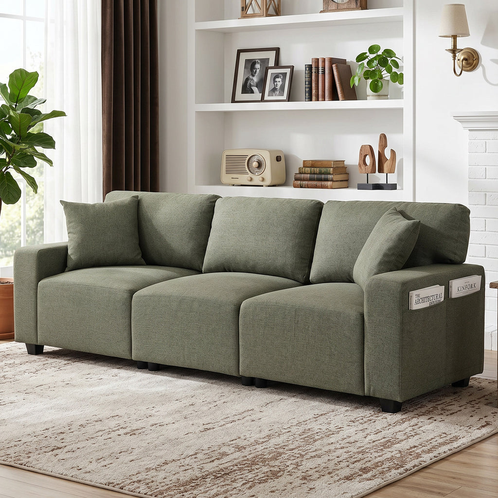 3 Seater Sofa with Storage Pockets, Modern Upholstered Couch with Pocket Springs, Green