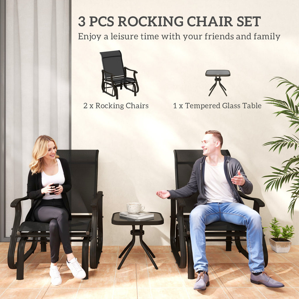 3PCs Gliding Rocking Chair & Bistro Tea Table Set, Black