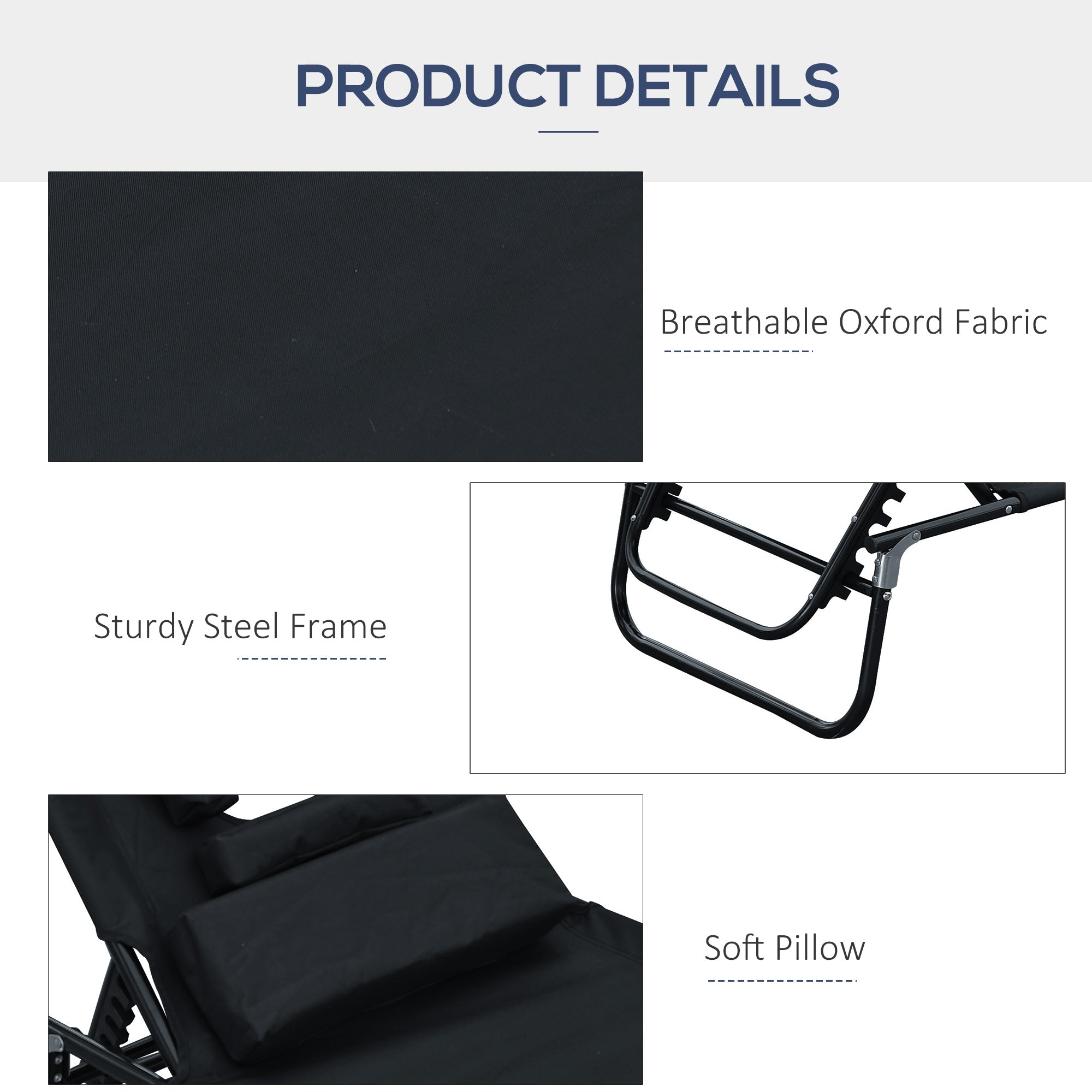 Folding Outdoor Lounge Chair, Portable Reclining Beach Lounger with Face Hole, Detachable Pillow, 4-Position Adjustable Backrest, For Patio, Garden, Poolside, Black