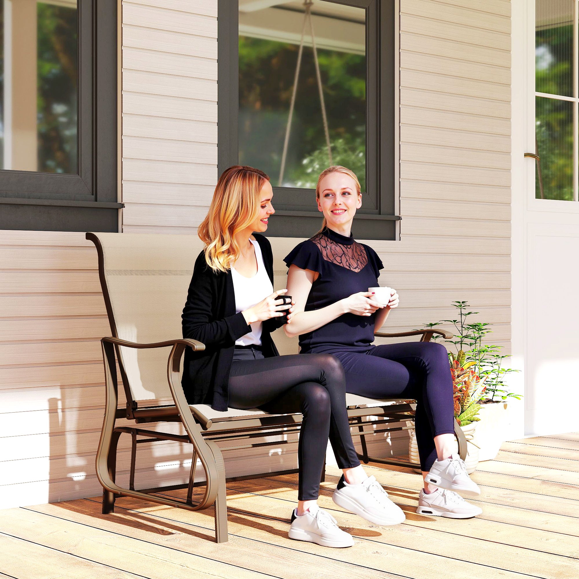2-Person Outdoor Glider Chair, Patio Glider Rocking Chair with Mesh Seat and Backrest, Steel Frame for Outdoor, Backyard, Khaki