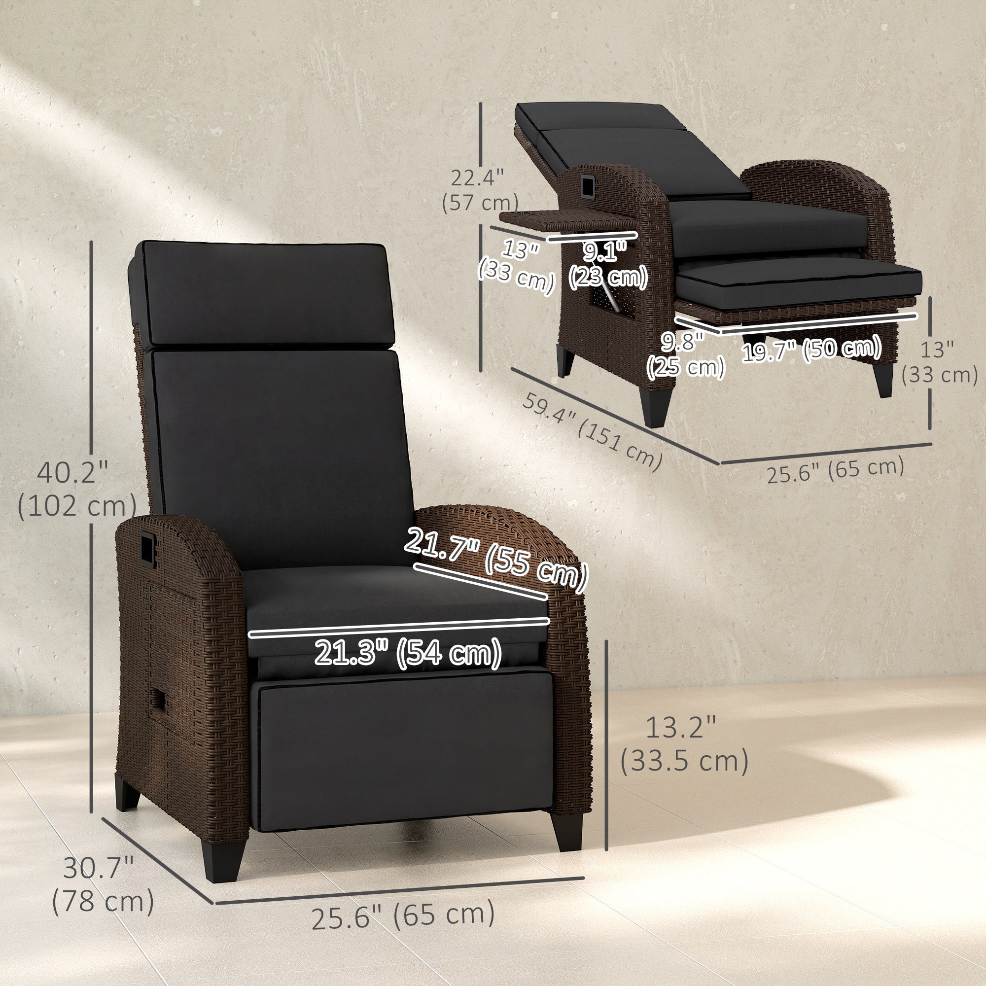 Outdoor Recliner Chair with Adjustable Backrest, Cushion, Side Tray, Black