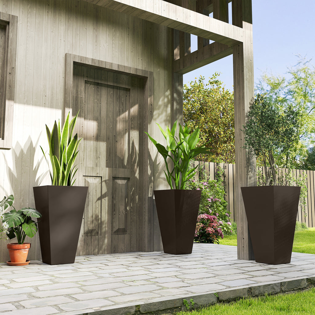 28" Tall Garden Plastic Planters, Outdoor and Indoor Flower Pots, Set of 3 for Entryway, Patio, Yard, Brown