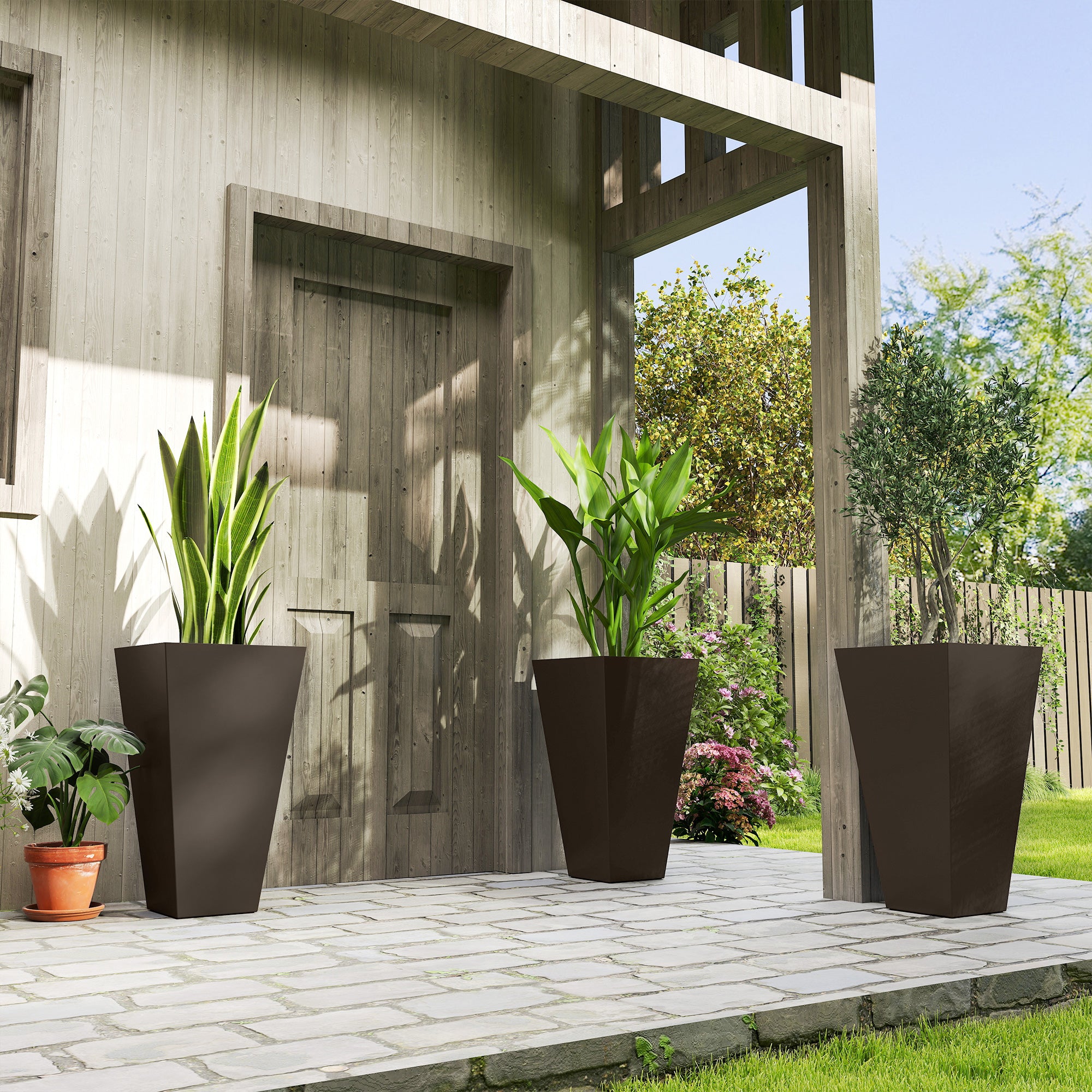 28" Tall Garden Plastic Planters, Outdoor and Indoor Flower Pots, Set of 3 for Entryway, Patio, Yard, Brown