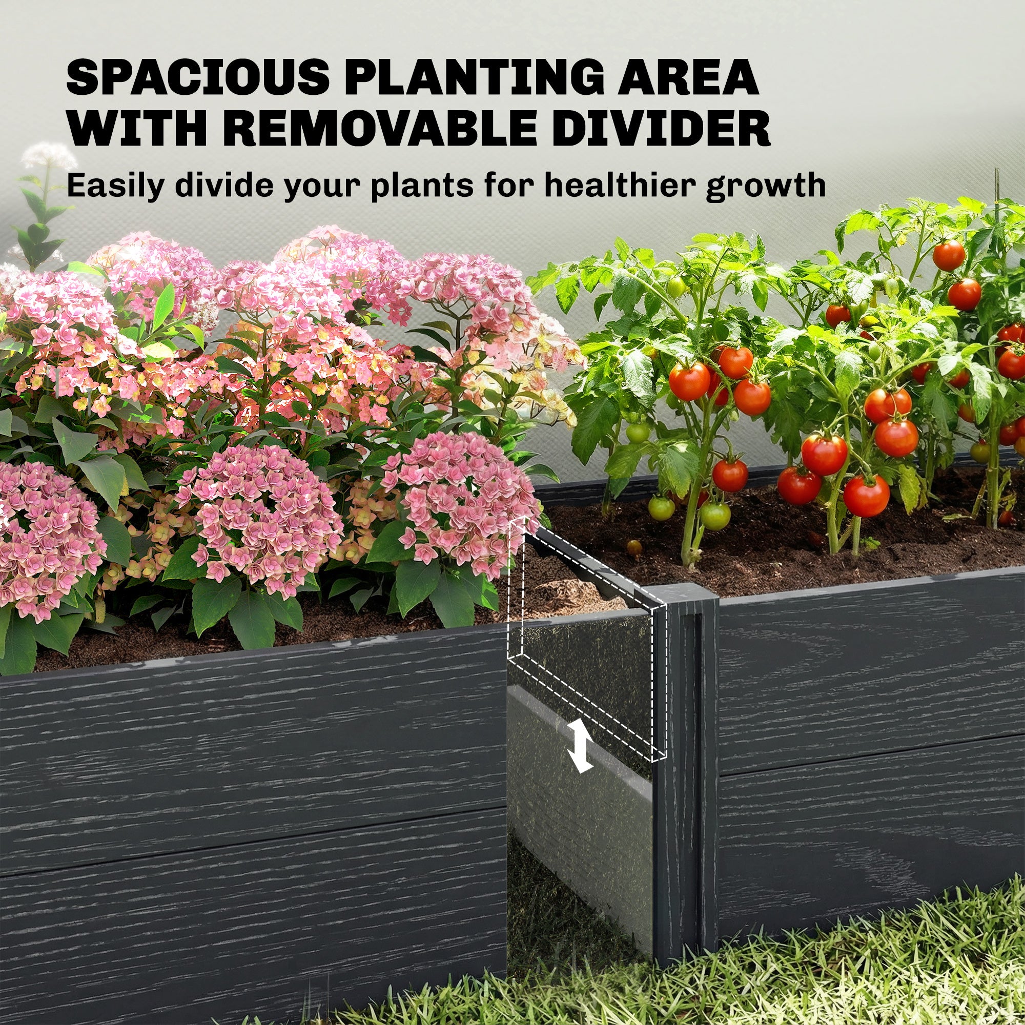 Vinyl Raised Garden Bed Kit, 6.5 x 2 x 1ft Elevated Garden Box with Divider and Open Bottom, Grey Wood Effect