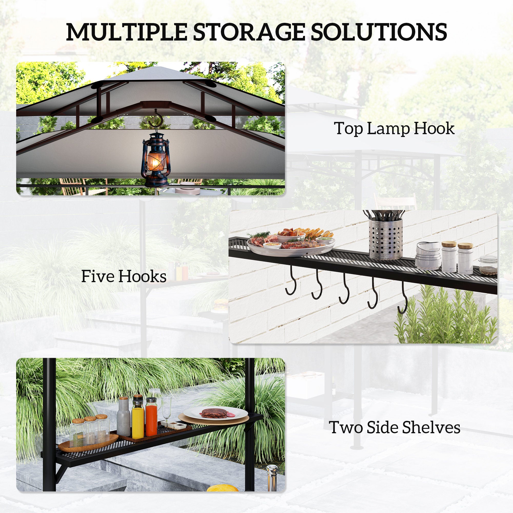 8' x 7.6' Grill Gazebo, Double Tiered Barbecue Grill Gazebo Shelter w/ Side Awning, 2 Side Shelves, 6 Hooks, Dark Grey