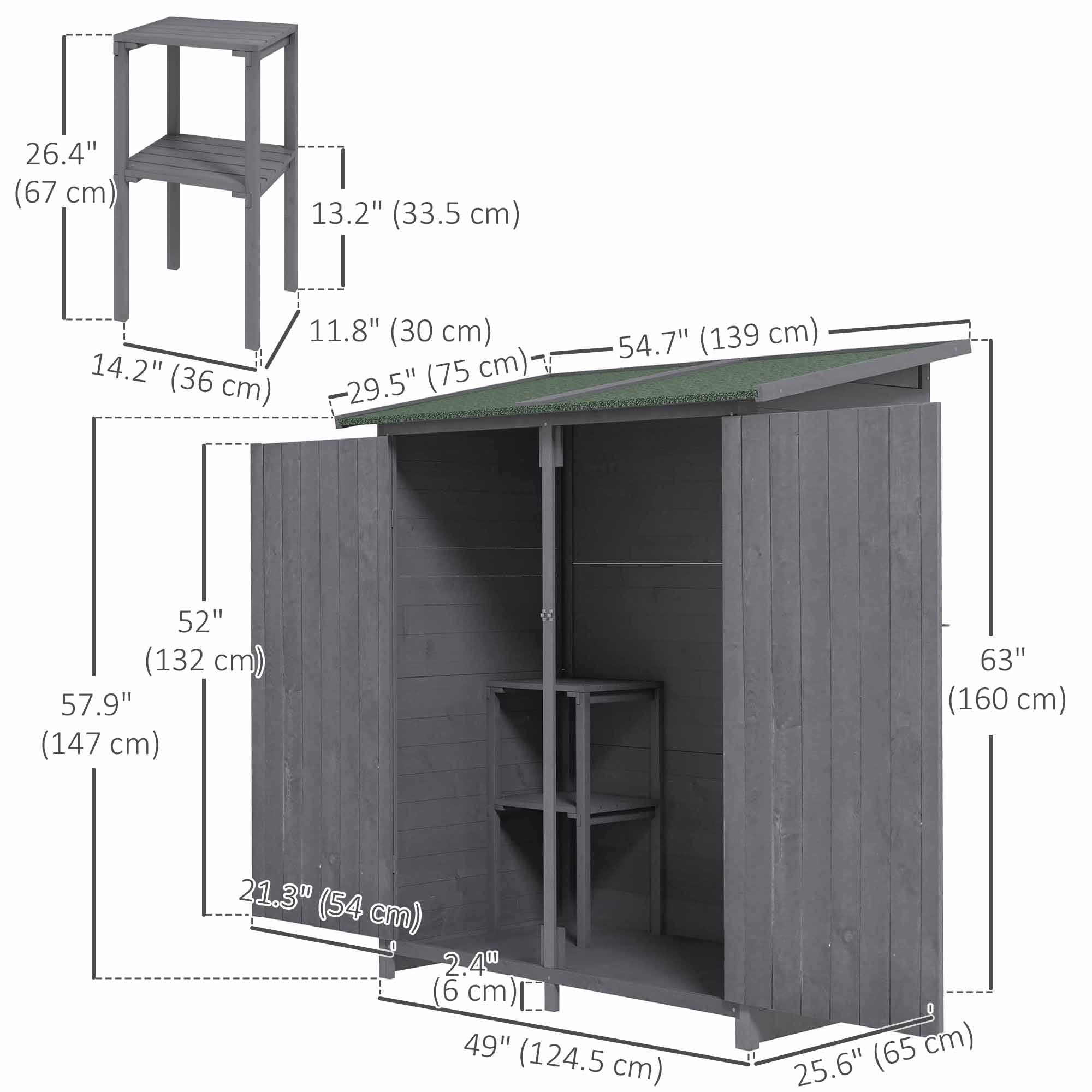 Garden Storage Shed Asphalt Roof Wooden Timber Double Door Utility Storage House with Shelf, Green and Grey