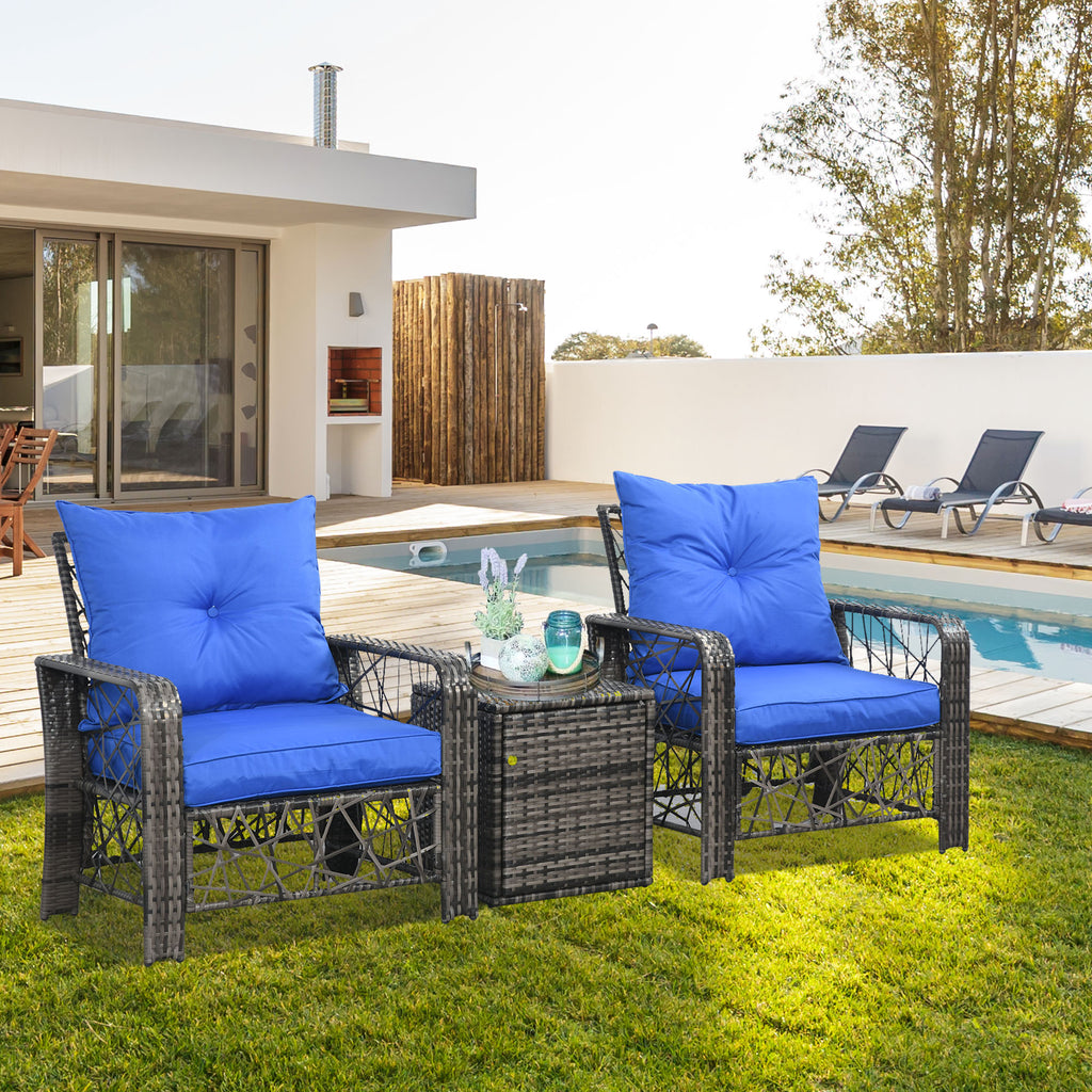 3 Pieces Wicker Patio Furniture Set, Rattan Bistro Set with Storage Coffee Table and Thickened Cushions, Outdoor Conversation Set for Garden, Porch, Balcony, Blue
