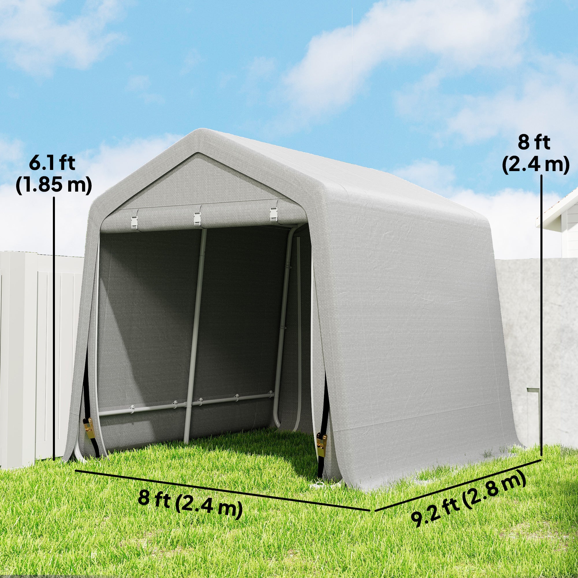 9.2' x 7.9' Garden Storage Tent, Patio Storage Shelter w/ Metal Frame and Double Zipper Doors, Light Grey