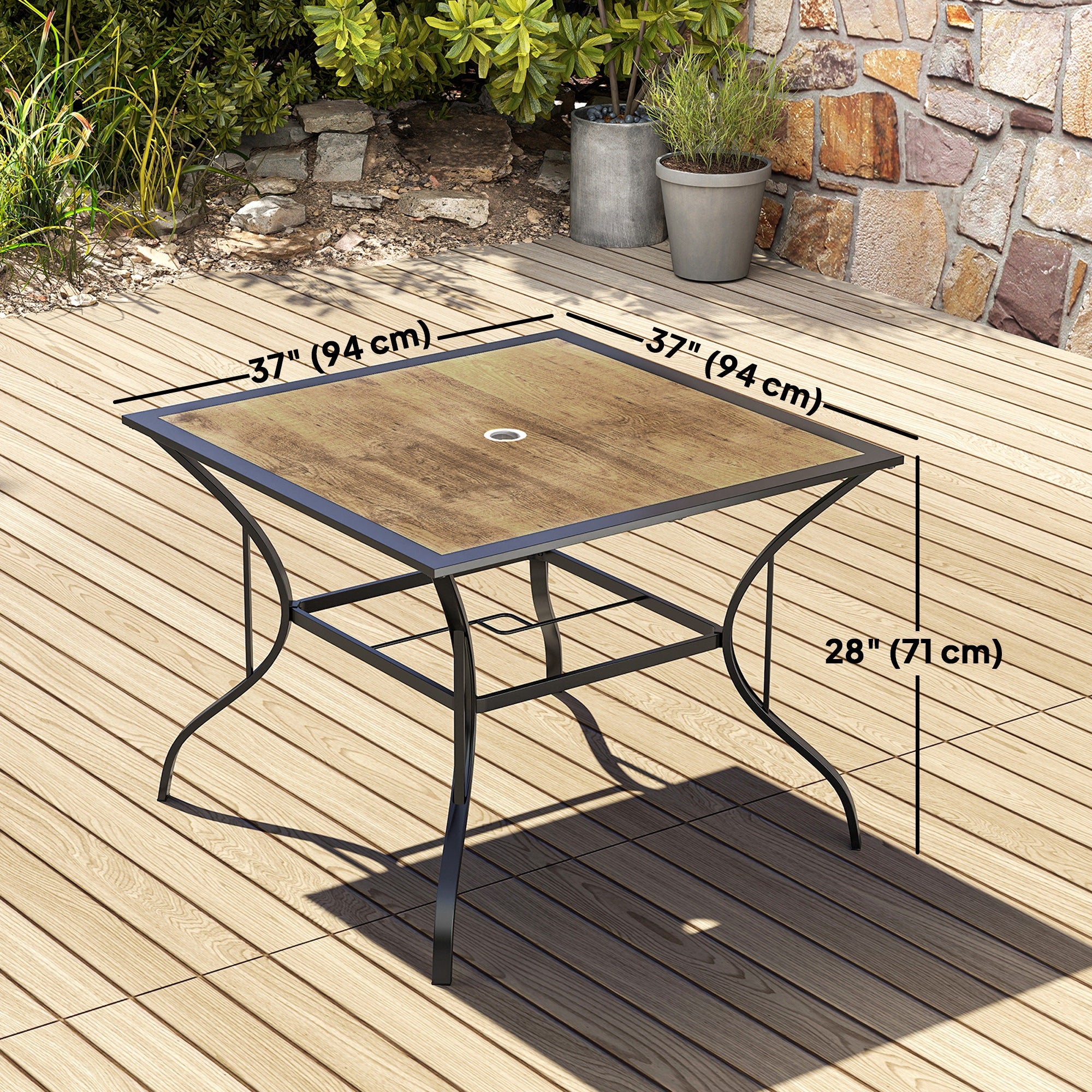 37" Garden Outdoor Dining Table for 4, Square Patio Table with Umbrella Hole, Plastic Board Tabletop for Backyard, Poolside, Mixed Brown