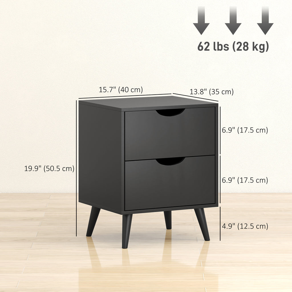 Modern Bedside Table Set of 2, Nightstand with 2 Drawers and Pine Wood Legs for Bedroom, Black