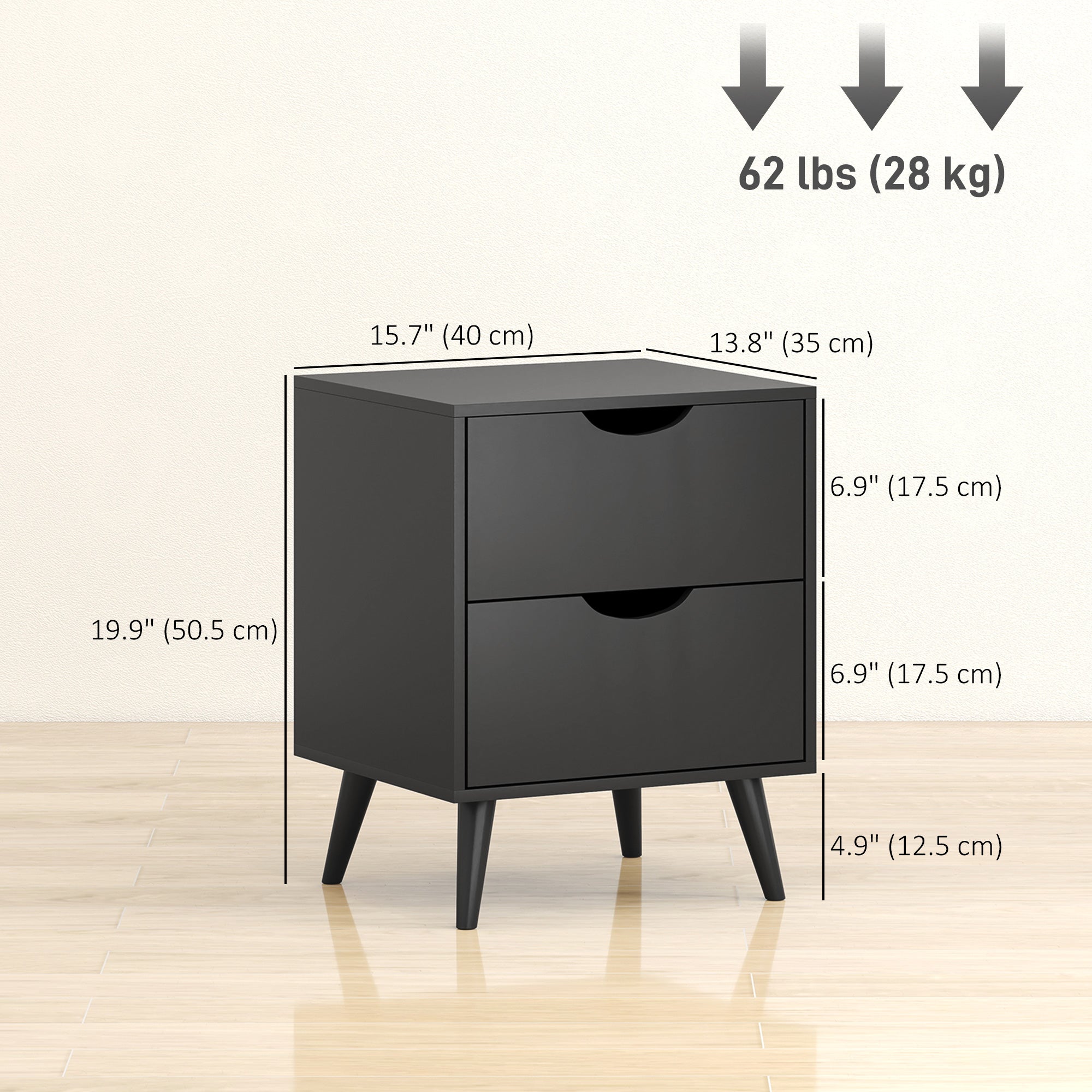 Modern Bedside Table Set of 2, Nightstand with 2 Drawers and Pine Wood Legs for Bedroom, Black