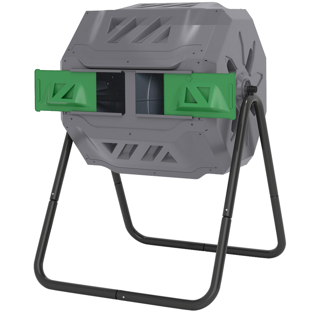 Tumbling Compost Bin Outdoor Dual Chamber 360Â° Rotating Composter 43 Gallon with Sliding Doors, Dark Green