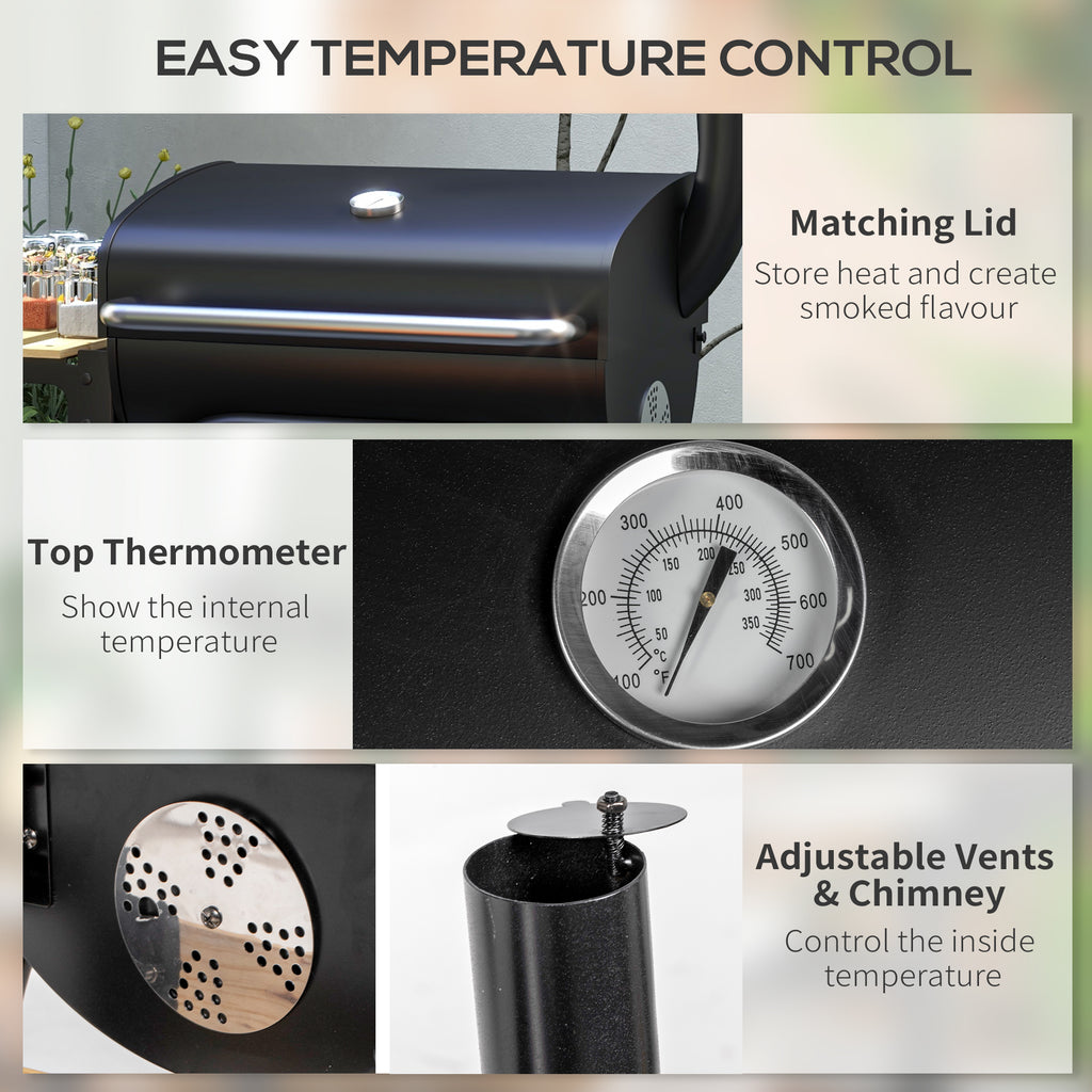 Charcoal Barbecue Grill, BBQ with Thermometer, Shelves and Wheels, Black