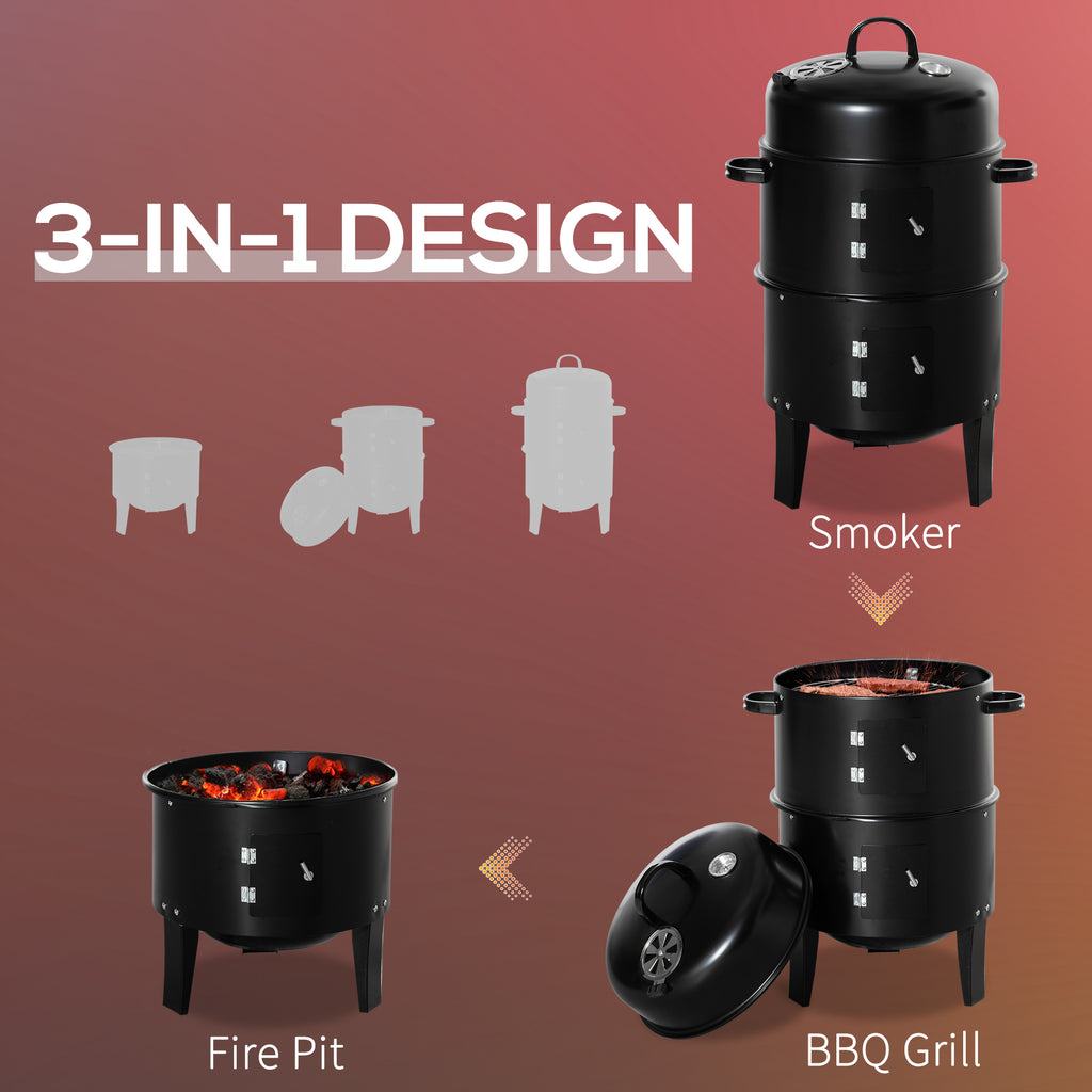 3-in-1 Vertical Charcoal BBQ Smoker, 16" Round Barbecue Grill with 2 Cooking Areas and Thermometer, Black