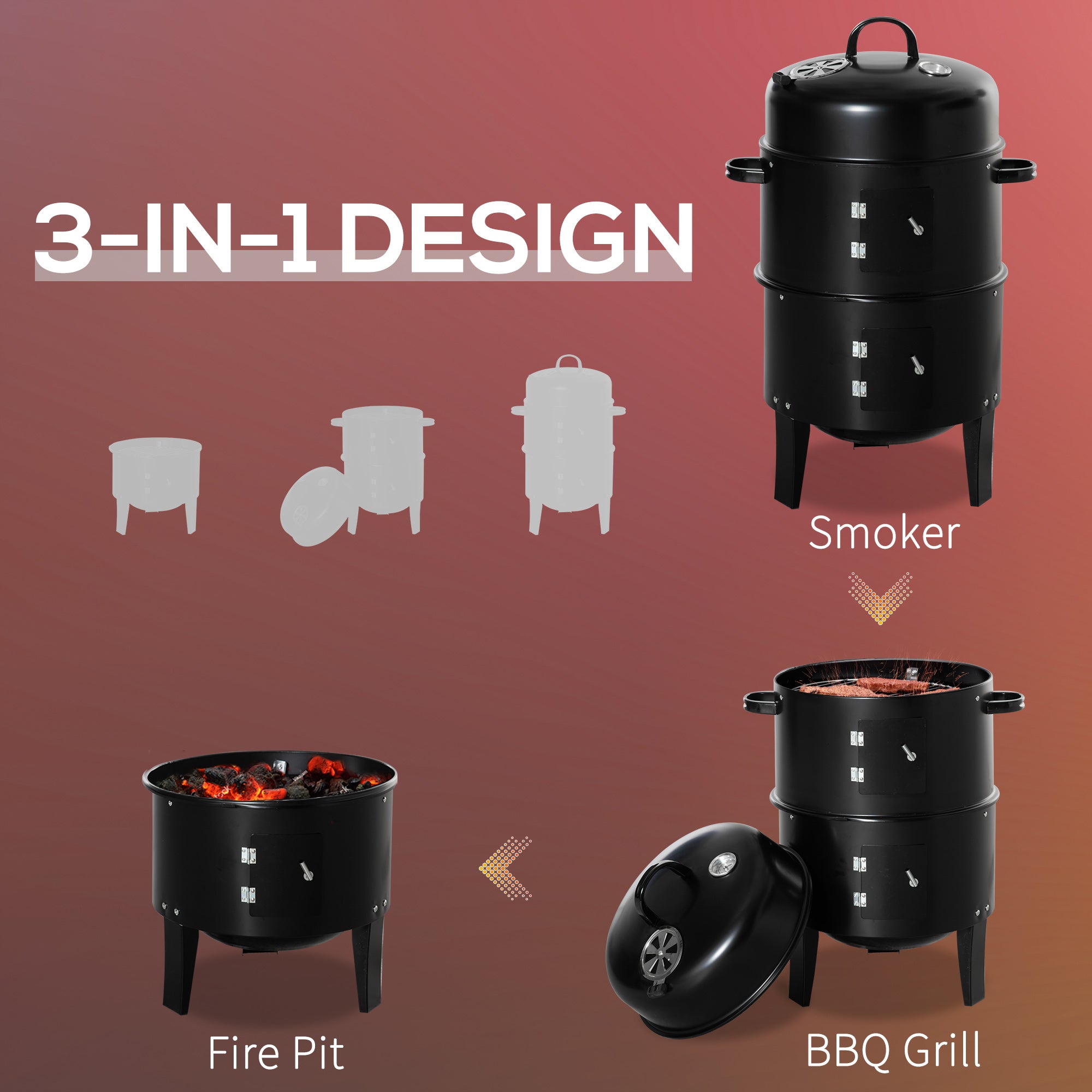 3-in-1 Vertical Charcoal BBQ Smoker, 16" Round Barbecue Grill with 2 Cooking Areas and Thermometer, Black