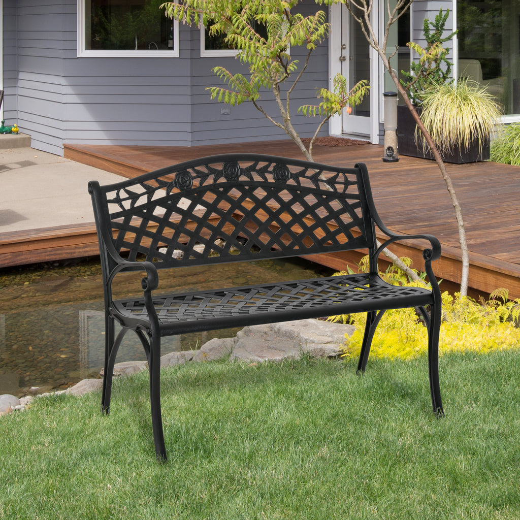 Outdoor Garden Bench, 40" Patio Bench with Aluminum Frame and Armrests, 2-Person Patio Loveseat with Floral Pattern for Park, Porch, Yard, Lawn, 485 LBS Capacity