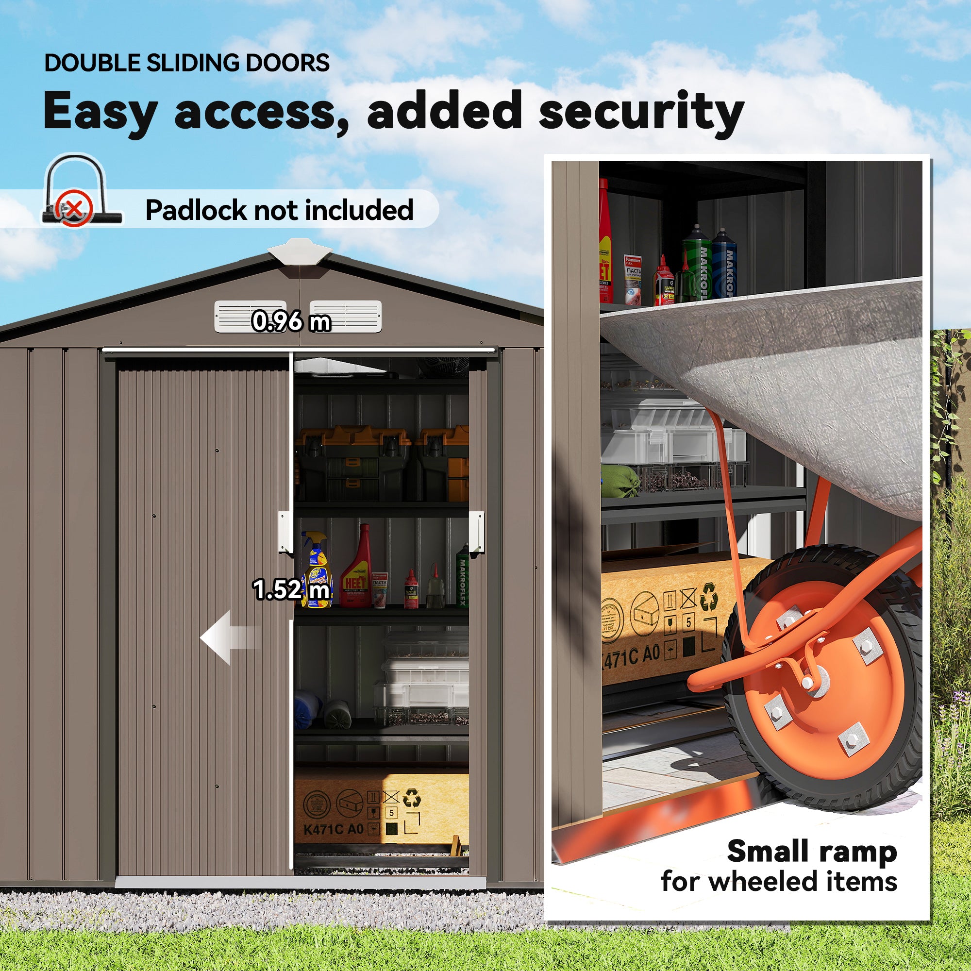 7' x 4' x 6' Garden Storage Shed Outdoor Patio Metal Tool Storage House w/ Foundation Kit and Double Doors Brown