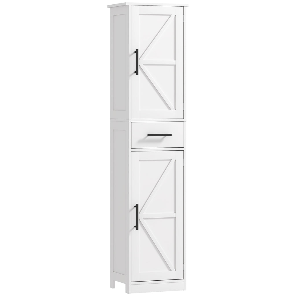67" Tall Bathroom Cabinet, Narrow Bathroom Storage Cabinet with Drawer, Barn Doors and Adjustable Shelves, White