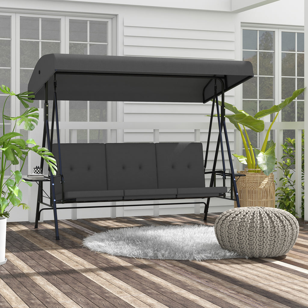 3-Seat Outdoor Porch Swing Patio Swing with Adjustable Canopy, Side Tray, Removable Cushion for Garden, Poolside, Grey