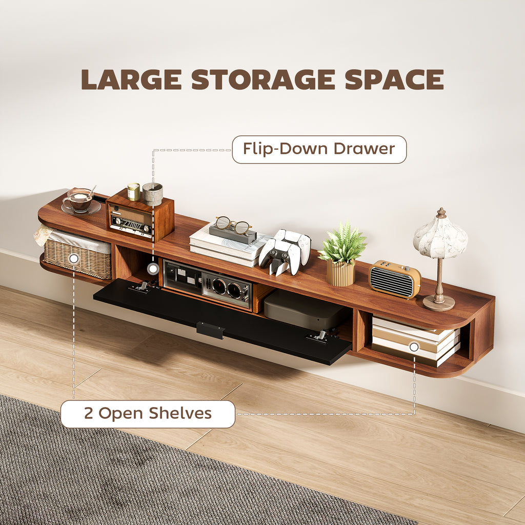 55" Floating TV Stand for TVs up to 60 Inch, Wall Mounted Media Console with Flip Drawer and 2 Open Shelves, Walnut
