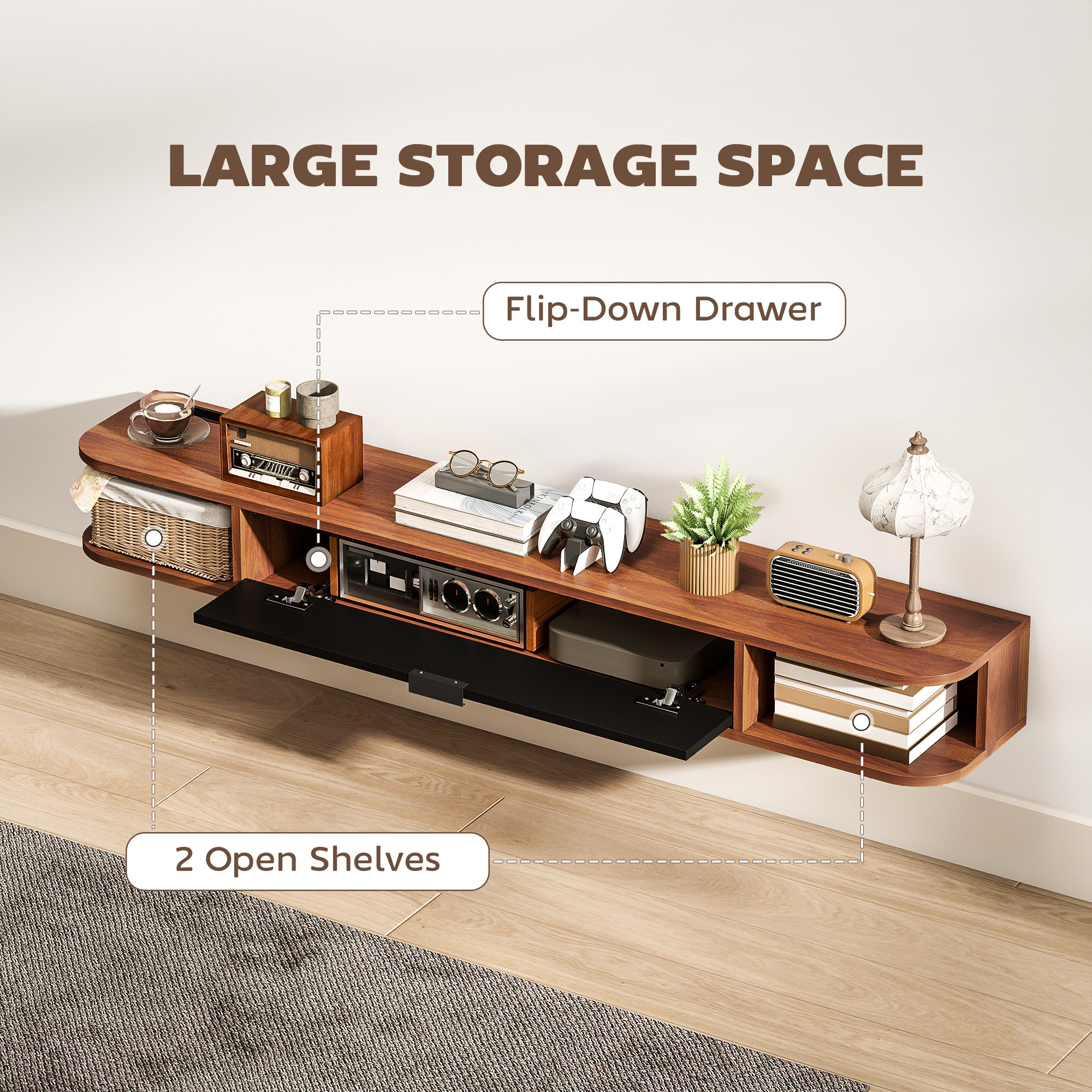 55" Floating TV Stand for TVs up to 60 Inch, Wall Mounted Media Console with Flip Drawer and 2 Open Shelves, Walnut