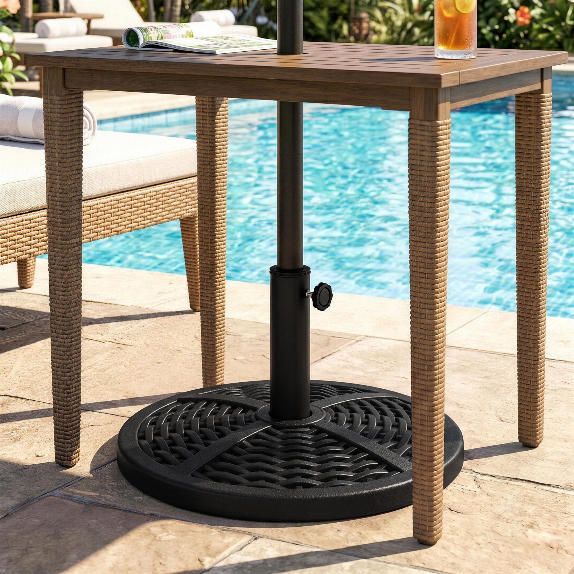 21 lbs Cement Round Market Umbrella Base Holder, 18" Heavy Duty Parasol Stand with Rattan Design for Patio, Black
