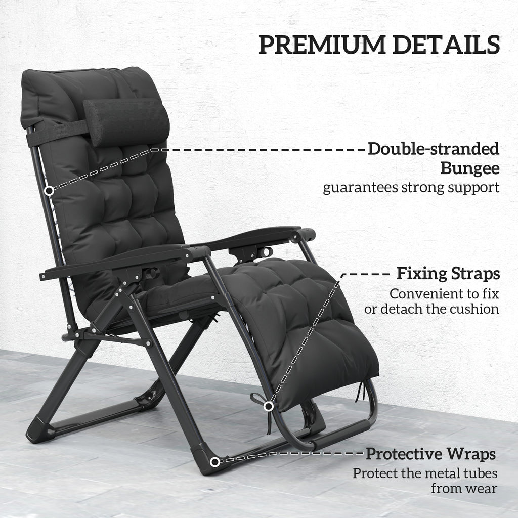 Folding Garden Chair, Reclining Zero Gravity Chair, Sun Lounger with Cushion and Headrest, Black