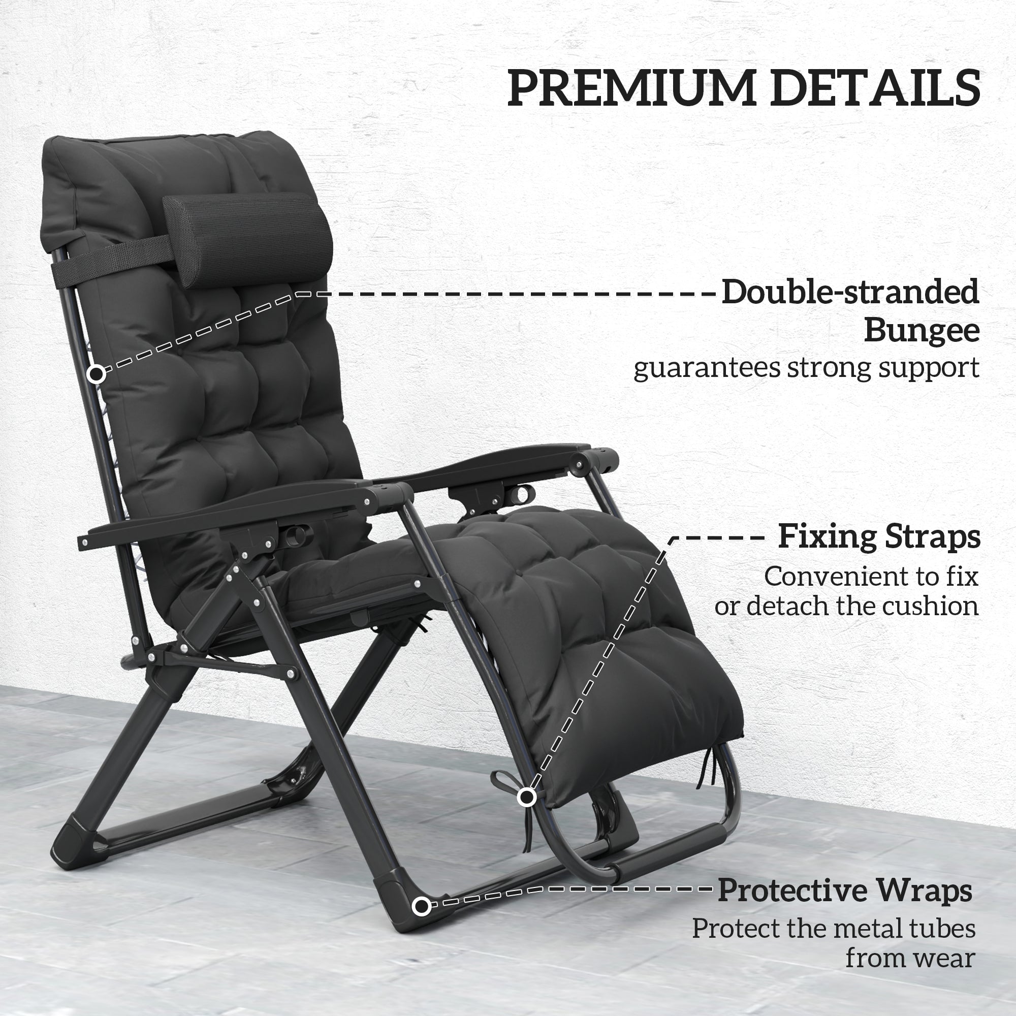 Folding Garden Chair, Reclining Zero Gravity Chair, Sun Lounger with Cushion and Headrest, Black