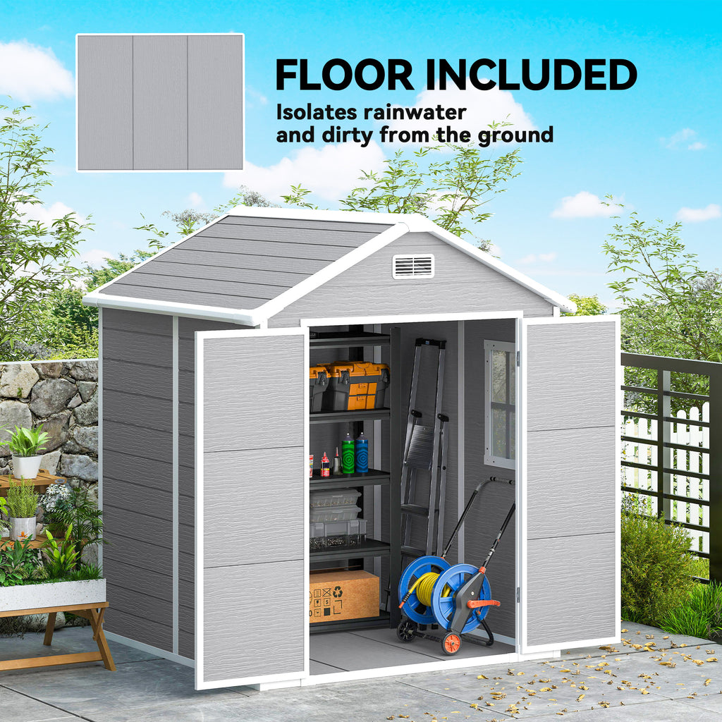 6x5 Plastic Garden Storage Shed with Floor Window Lockable Doors and Vents Outdoor Wood Effect Grey