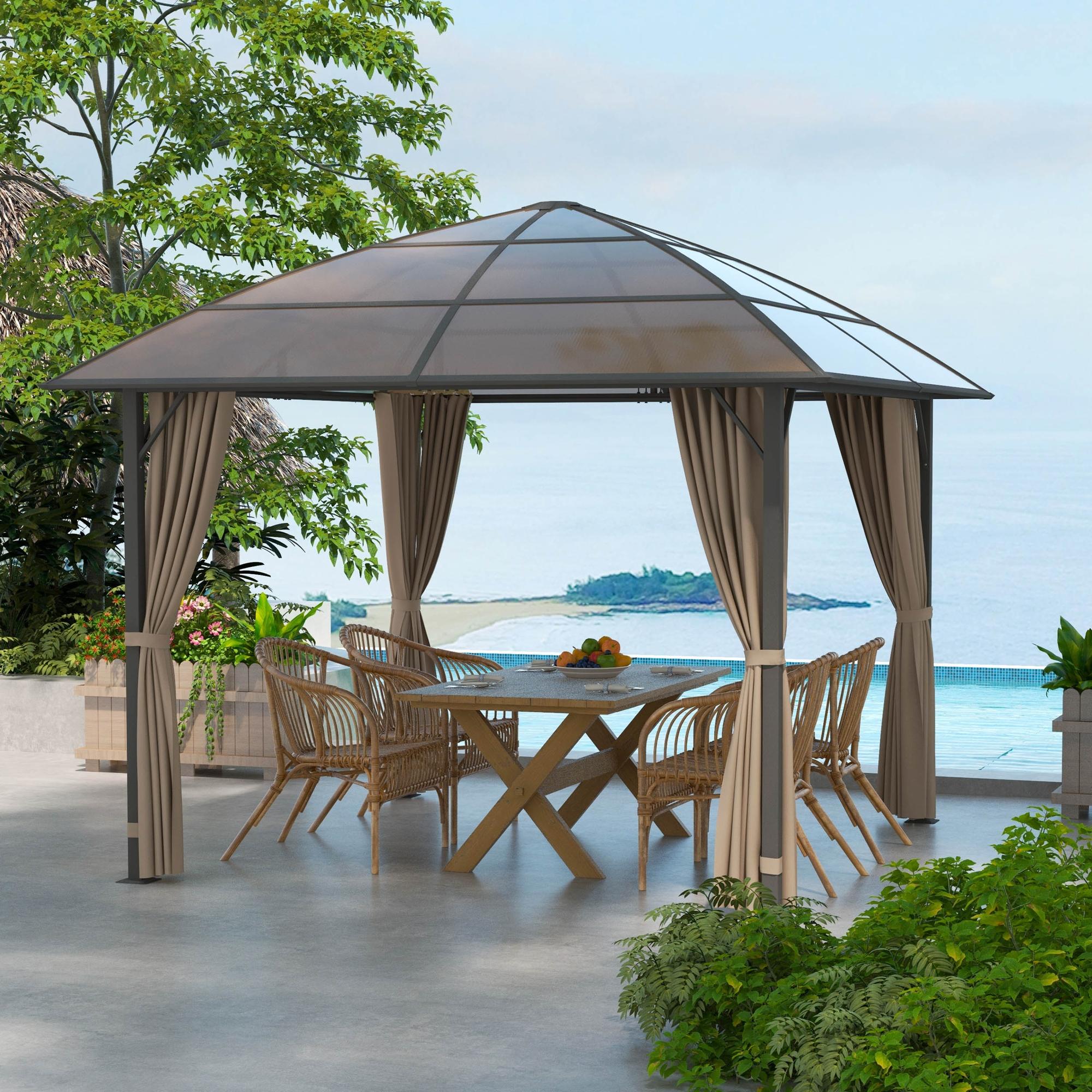 10' x 10' Outdoor Hardtop Gazebo Canopy withÂ UV60+ Polycarbonate Roof, Steel Frame, Central Hook,Â Curtains, Khaki